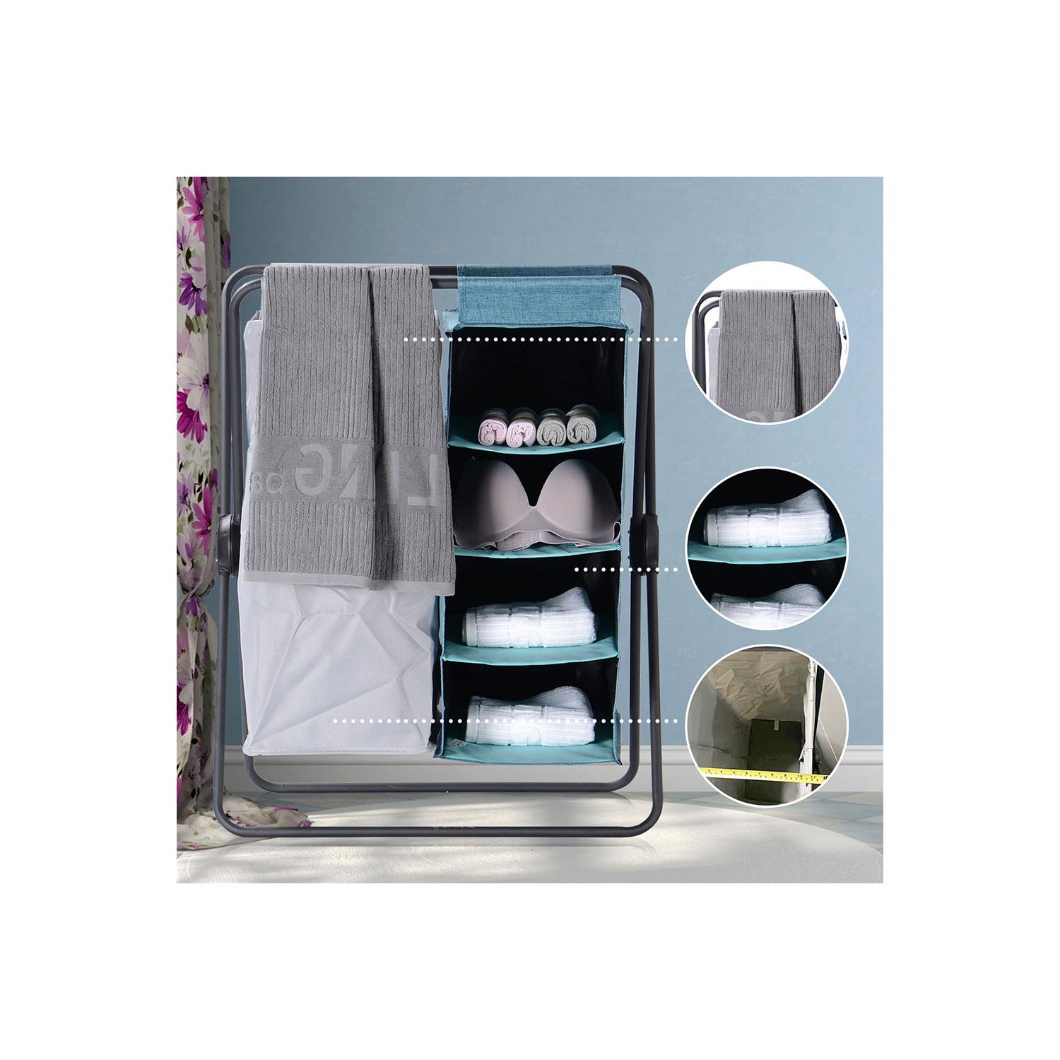 Panier à linge 3 en 1 X-Frame, panier à linge pliable avec support amovible de stockage à 4 couches pour salle de bain chambre