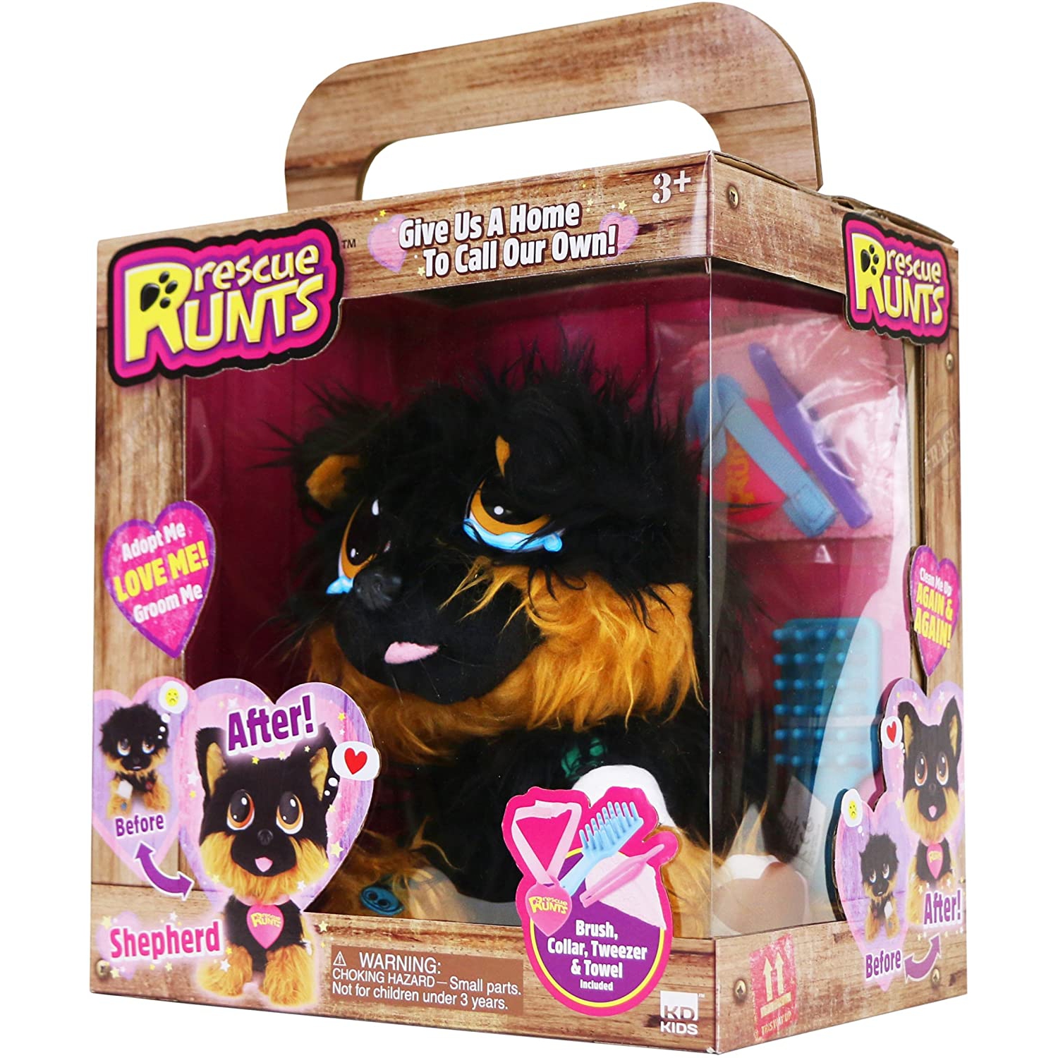 Rescue Runts Shepherd Plush Dog, Black/Brown