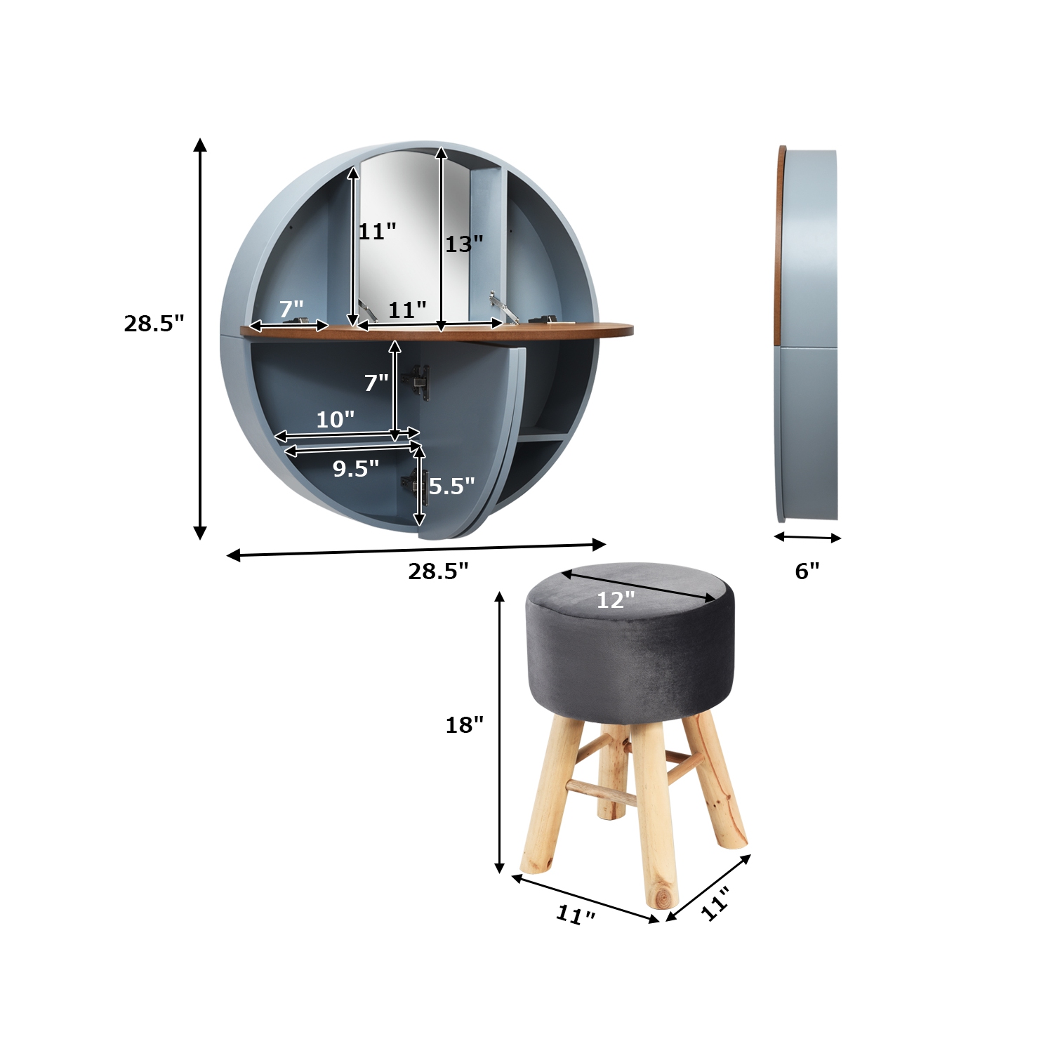 Topbuy Wall-mounted Vanity Table and Stool Set Round Floating Dressing Table &Cushioned Stool Grey