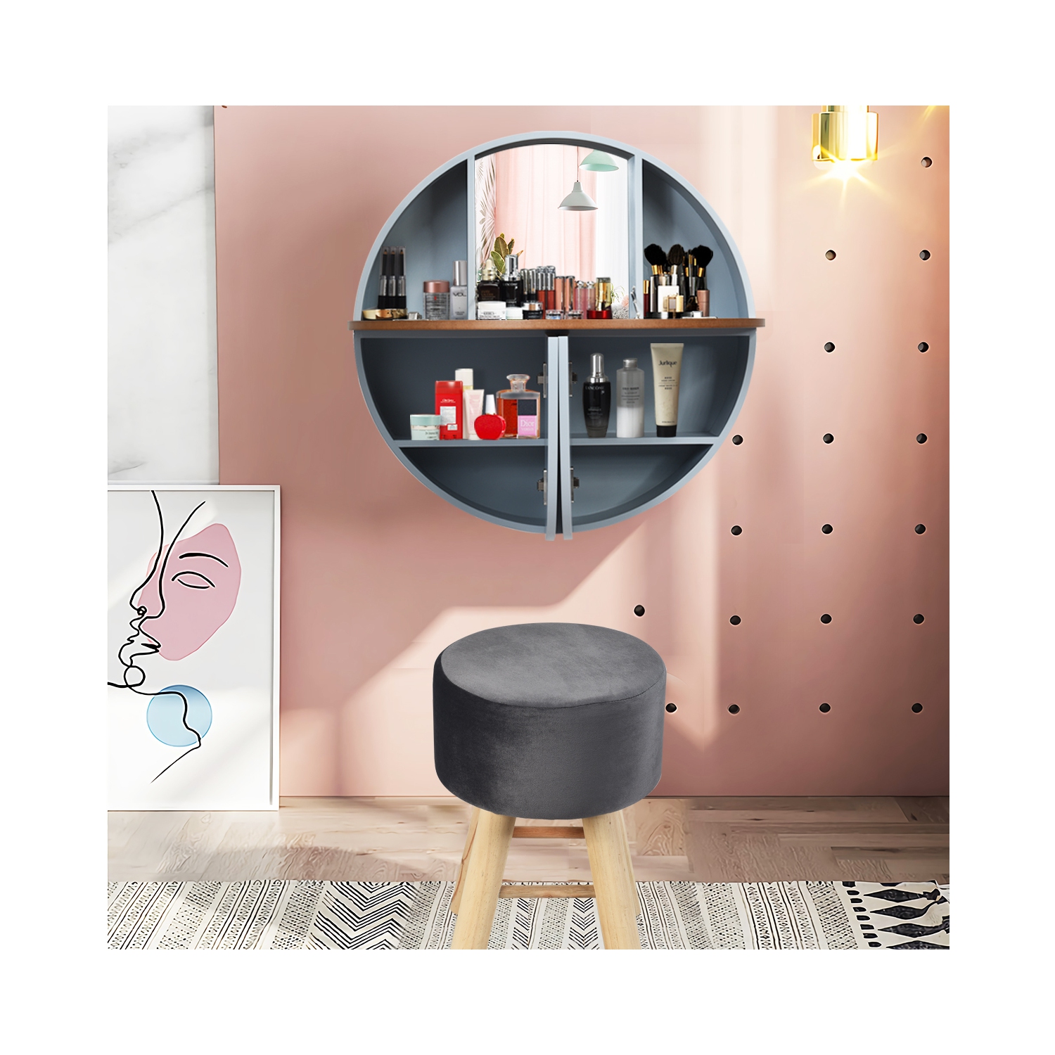 Topbuy Wall-mounted Vanity Table and Stool Set Round Floating Dressing Table &Cushioned Stool Grey