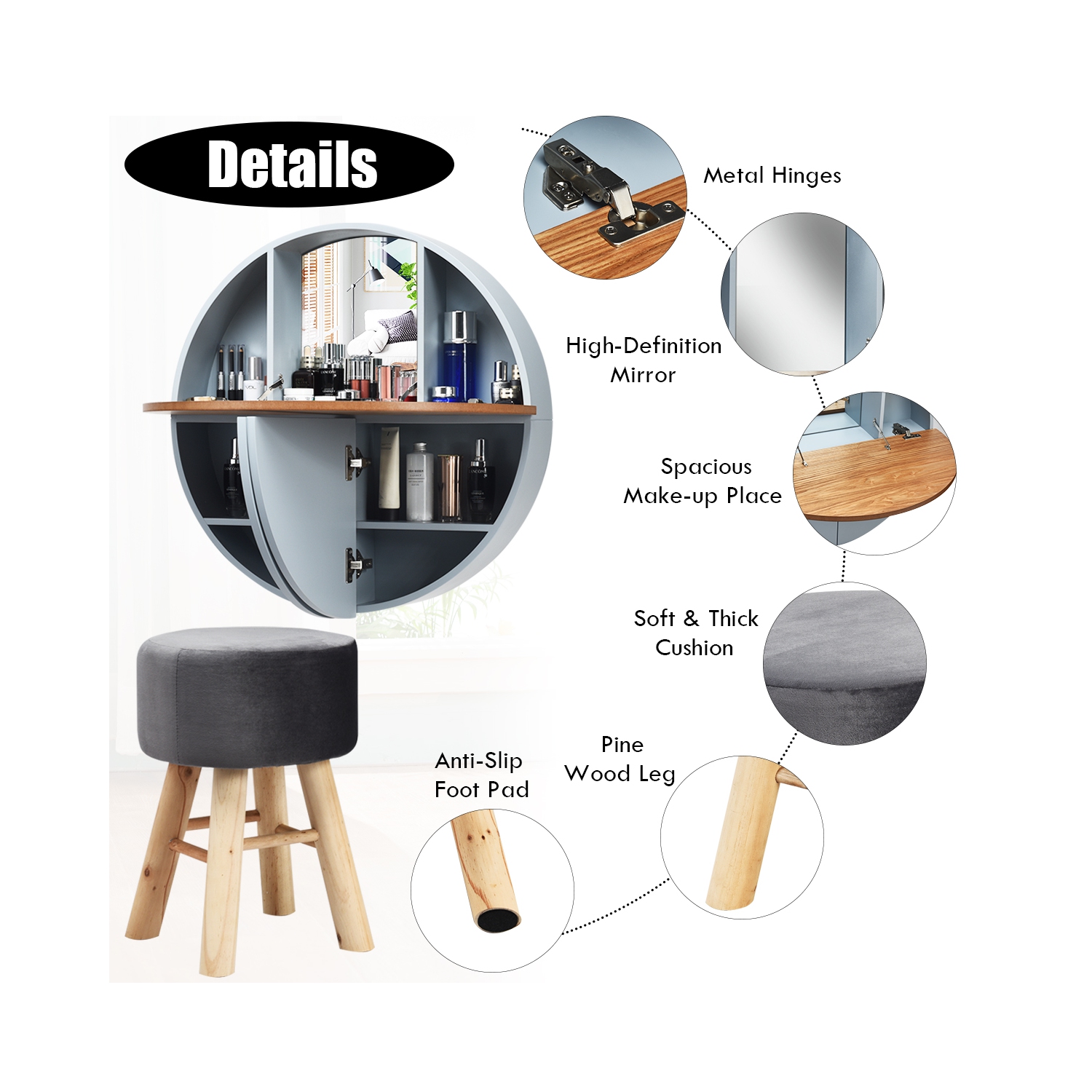 Topbuy Wall-mounted Vanity Table and Stool Set Round Floating Dressing Table &Cushioned Stool Grey