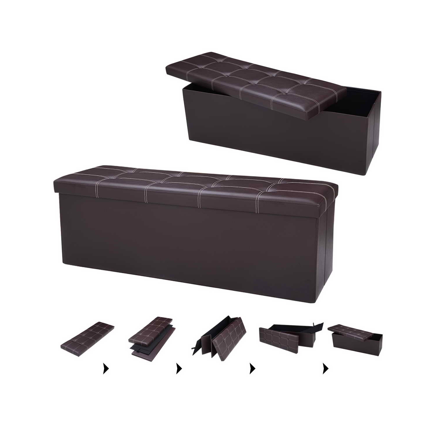 Topbuy Folding Storage Stool Padded Ottoman Faux Leather Foot Rest Seat Pouffe Box Brown