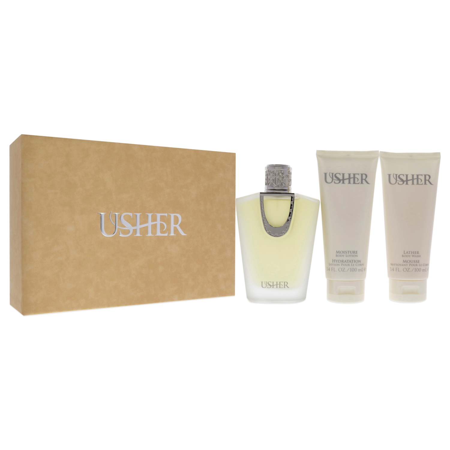 Usher by Usher pour femmes - Ensemble-cadeau 3,4&nbsp;oz en vaporisateur, lotion pour le corps 3,4&nbsp;oz, nettoyant pour le corps 3,4&nbsp;oz 3 ml