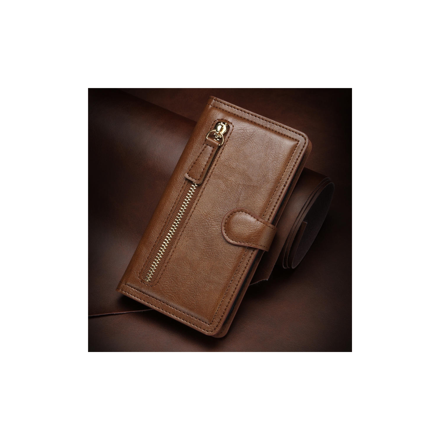 PIERO Leather Zipper Wallet Case Flip Card Holder Stand Phone Cover Premium Leather Flip Cover for Samsung Galaxy S21 -Brown