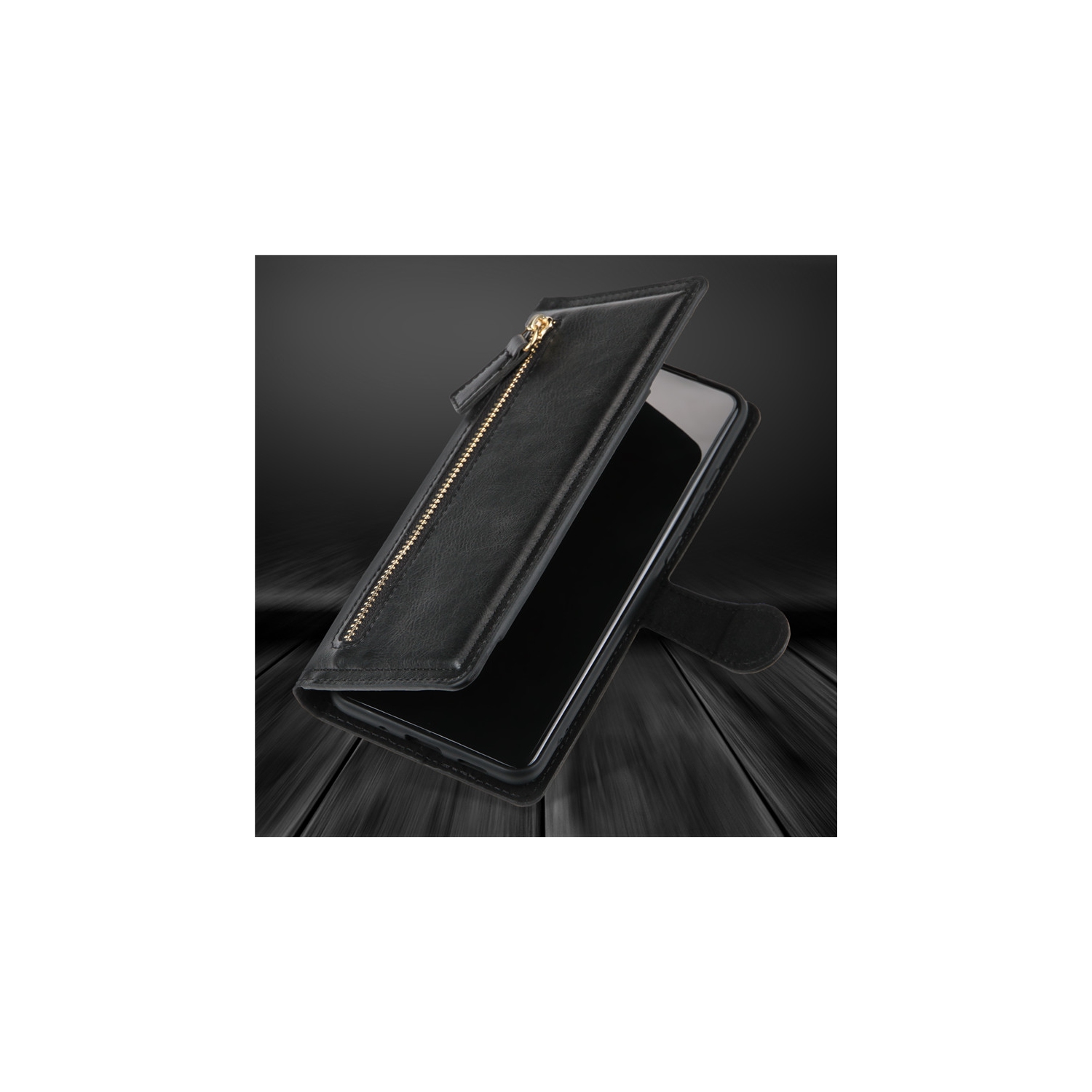 PIERO Leather Zipper Wallet Case Flip Card Holder Stand Phone Cover Premium Leather Flip Cover for Samsung Galaxy S21 Ultra -Black