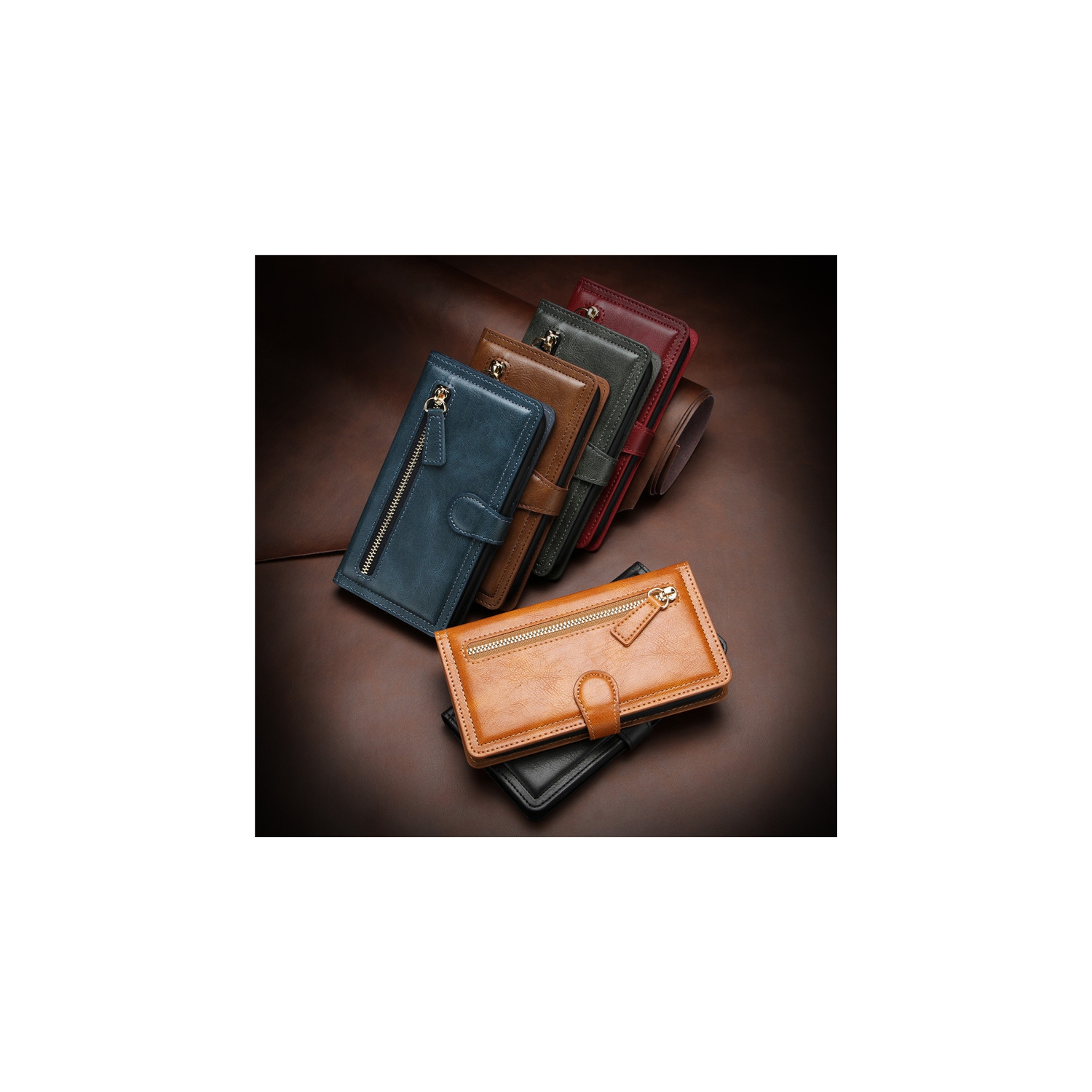 PIERO Leather Zipper Wallet Case Flip Card Holder Stand Phone Cover Premium Leather Flip Cover for iPhone 13 PRO MAX -Cyan