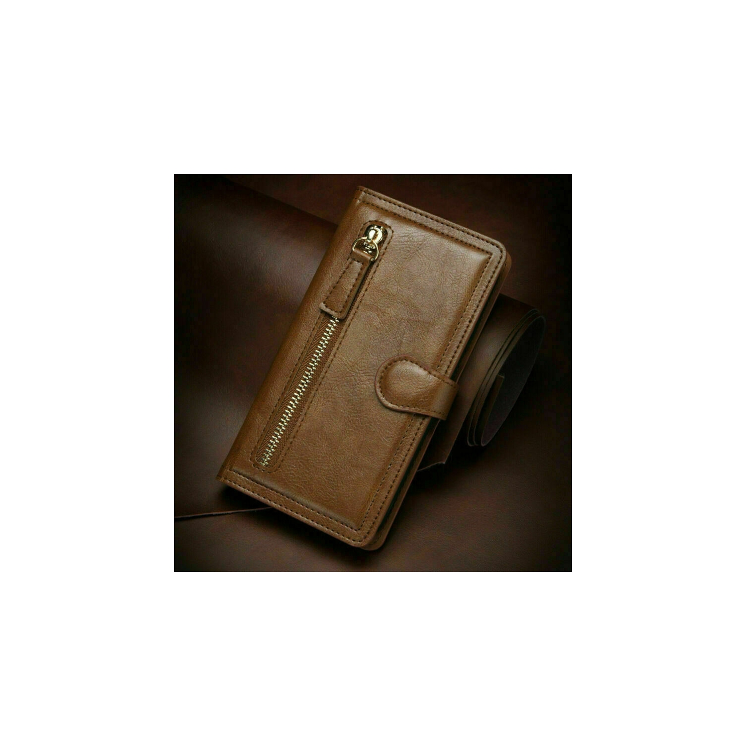 PIERO Leather Zipper Wallet Case Flip Card Holder Stand Phone Cover Premium Leather Flip Cover for iPhone 13 -Brown
