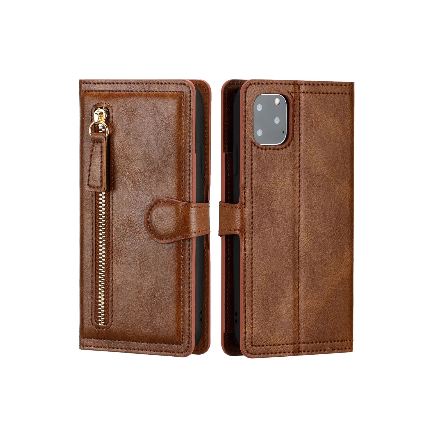 PIERO Leather Zipper Wallet Case Flip Card Holder Stand Phone Cover Premium Leather Flip Cover for iPhone 13 -Brown