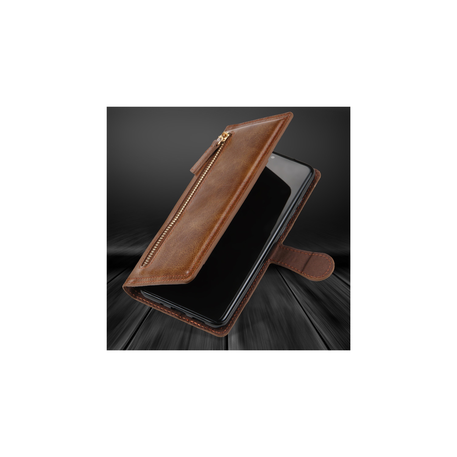 PIERO Leather Zipper Wallet Case Flip Card Holder Stand Phone Cover Premium Leather Flip Cover for iPhone 13 -Brown