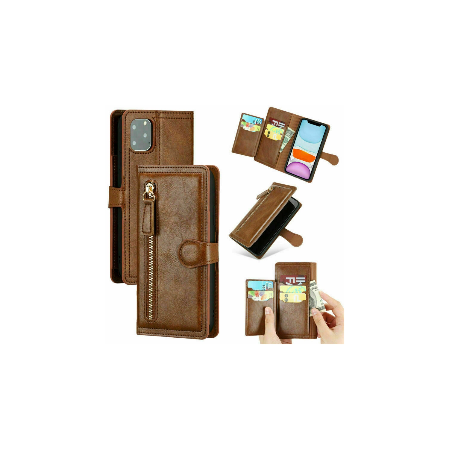 PIERO Leather Zipper Wallet Case Flip Card Holder Stand Phone Cover Premium Leather Flip Cover for iPhone 13 -Brown