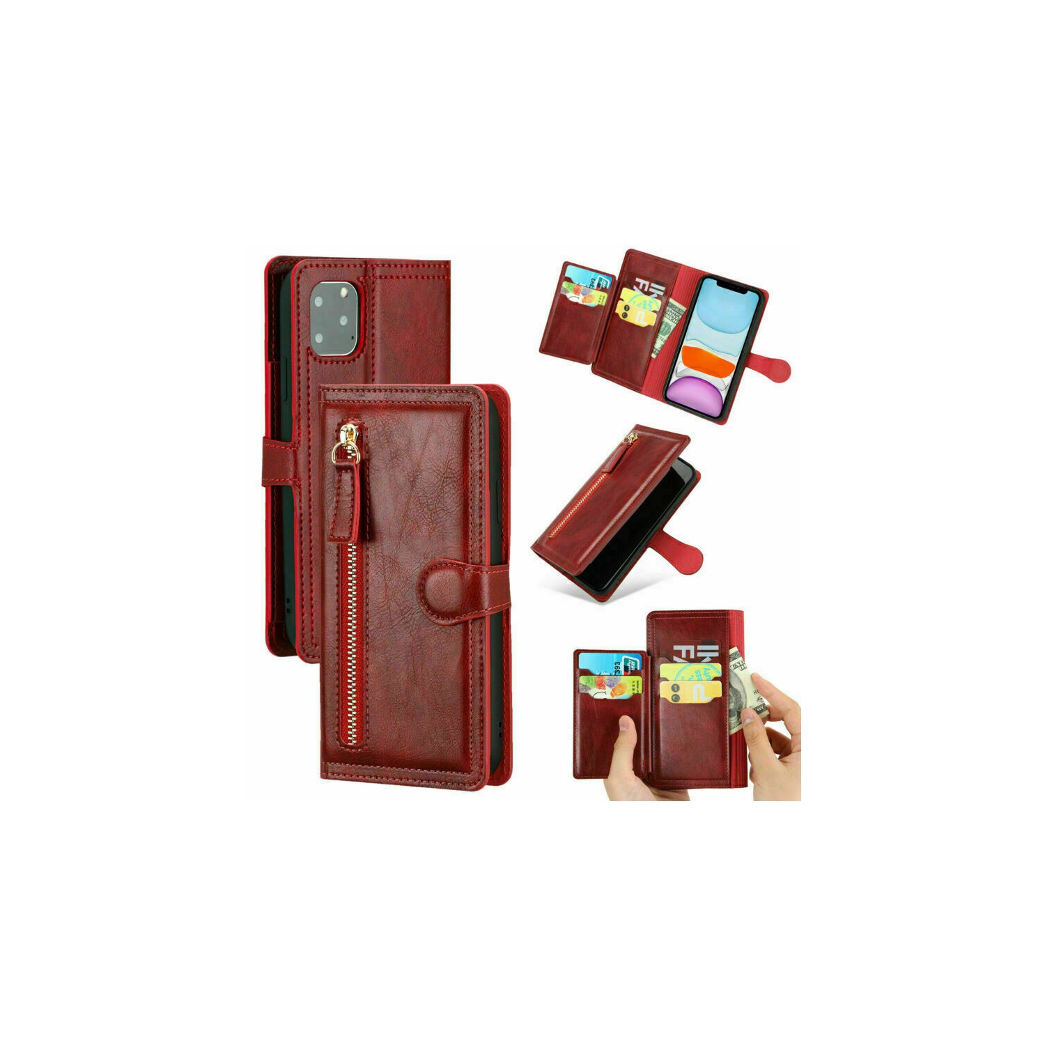 PIERO Leather Zipper Wallet Case Flip Card Holder Stand Phone Cover Premium Leather Flip Cover for iPhone 13 PRO -Wine Red