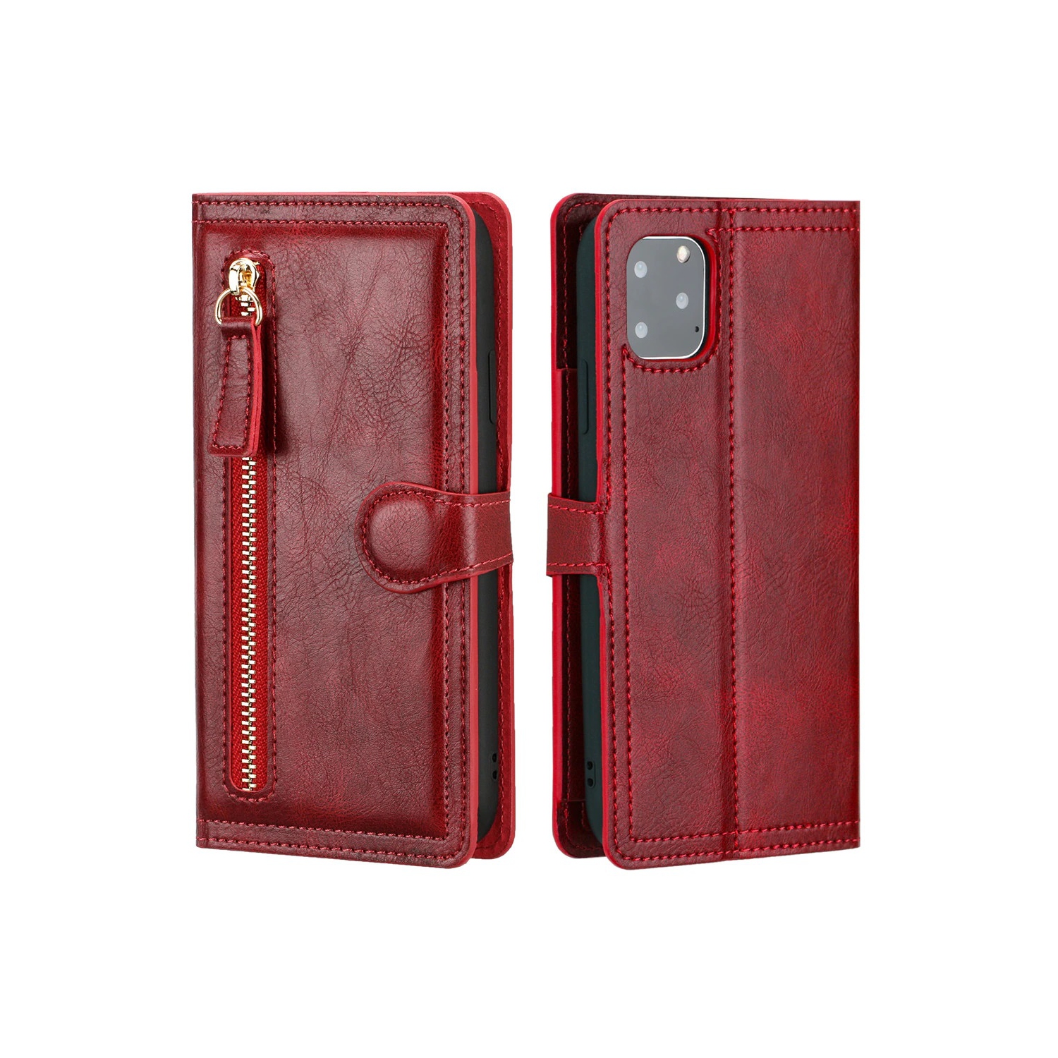 PIERO Leather Zipper Wallet Case Flip Card Holder Stand Phone Cover Premium Leather Flip Cover for iPhone 13 PRO -Wine Red