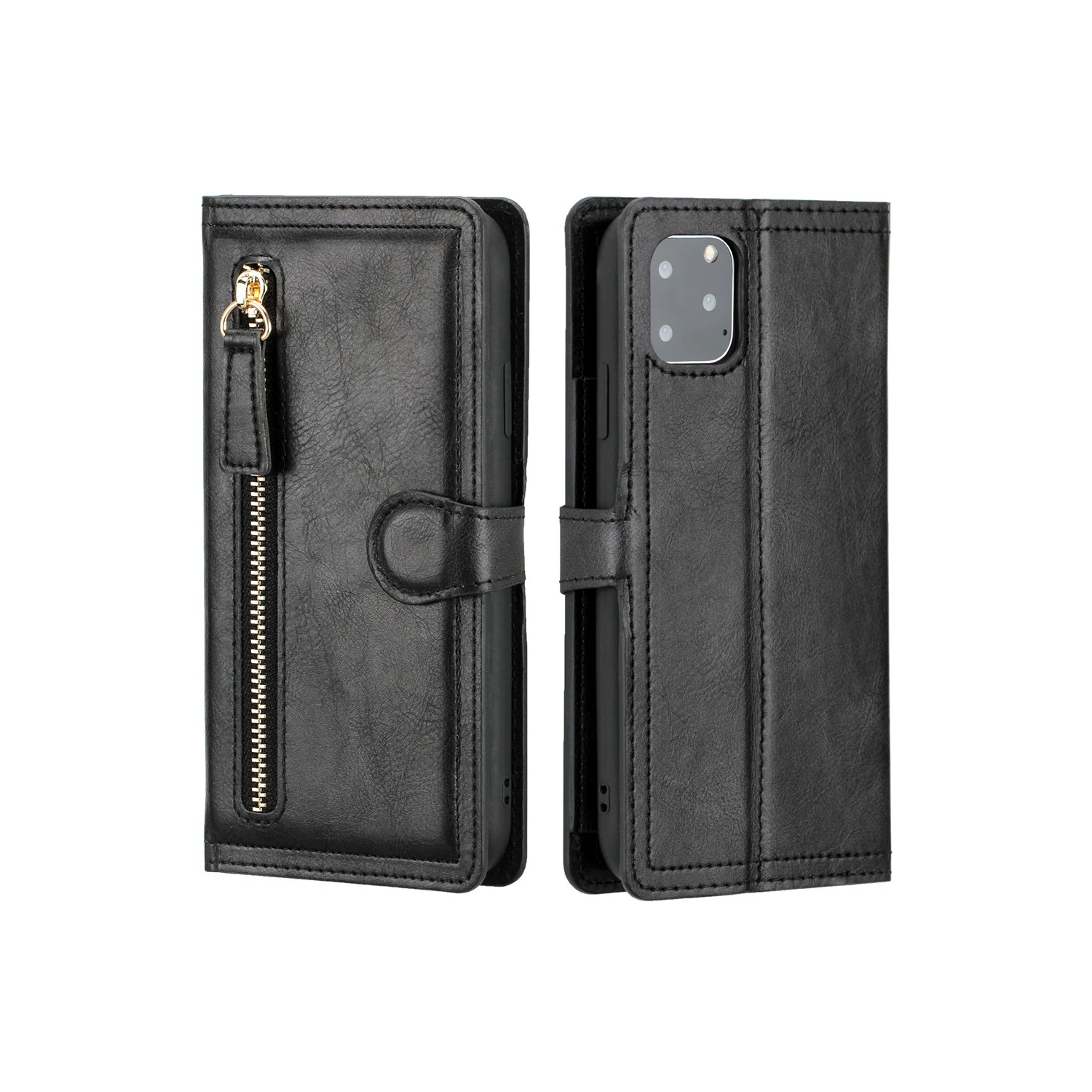 PIERO Leather Zipper Wallet Case Flip Card Holder Stand Phone Cover Premium Leather Flip Cover for iPhone 13 PRO -Black
