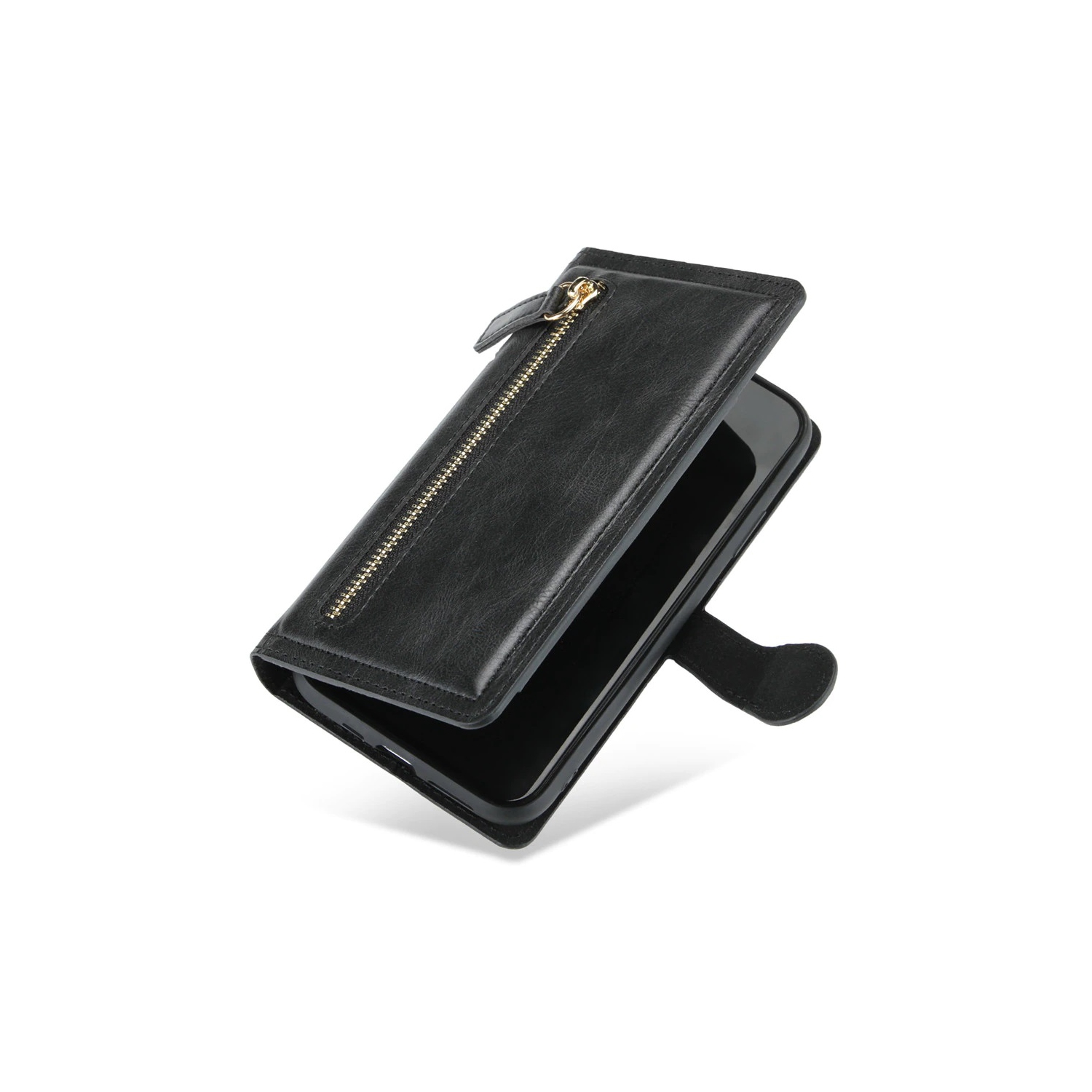 PIERO Leather Zipper Wallet Case Flip Card Holder Stand Phone Cover Premium Leather Flip Cover for iPhone 13 PRO -Black