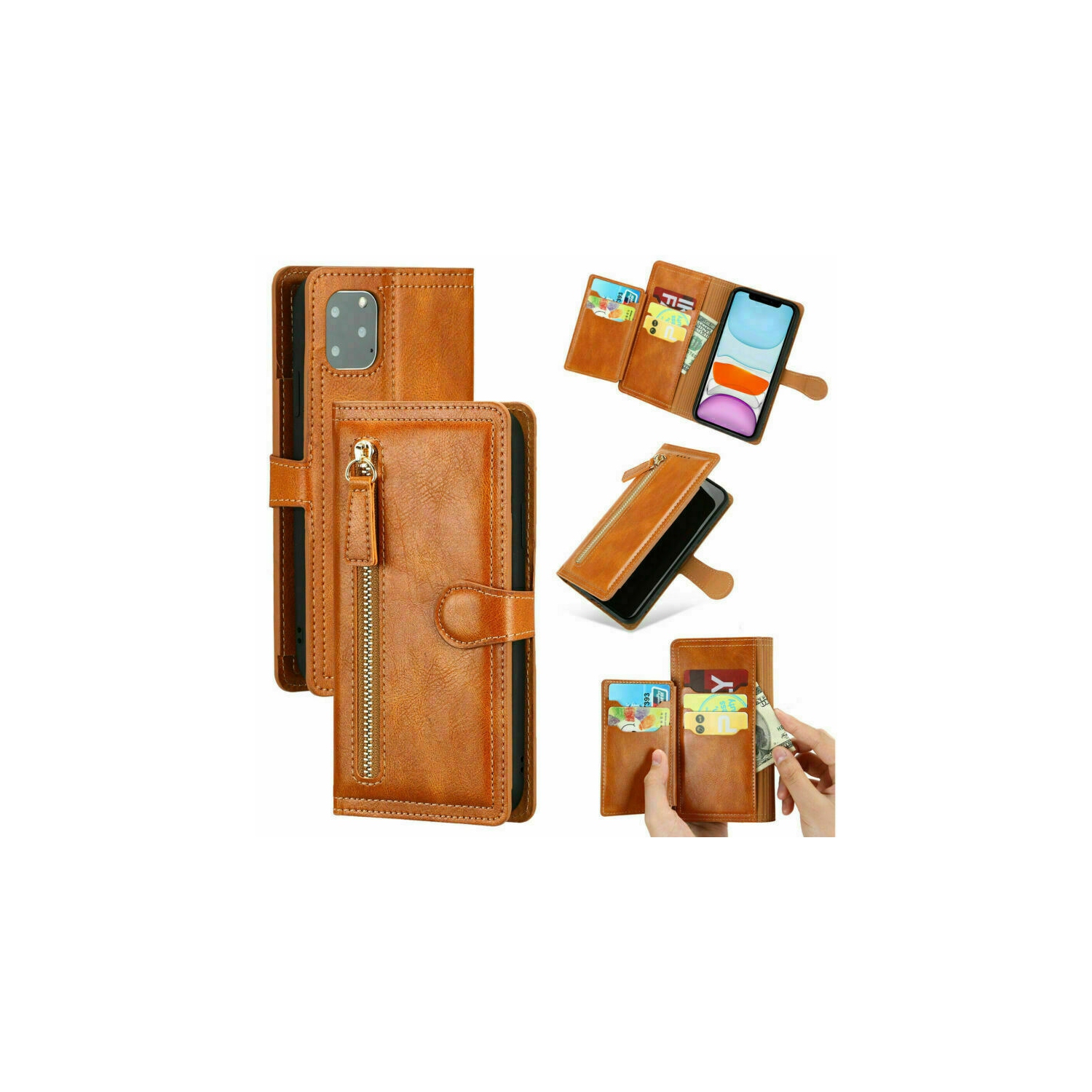 PIERO Leather Zipper Wallet Case Flip Card Holder Stand Phone Cover Premium Leather Flip Cover for iPhone 13 PRO -Orange