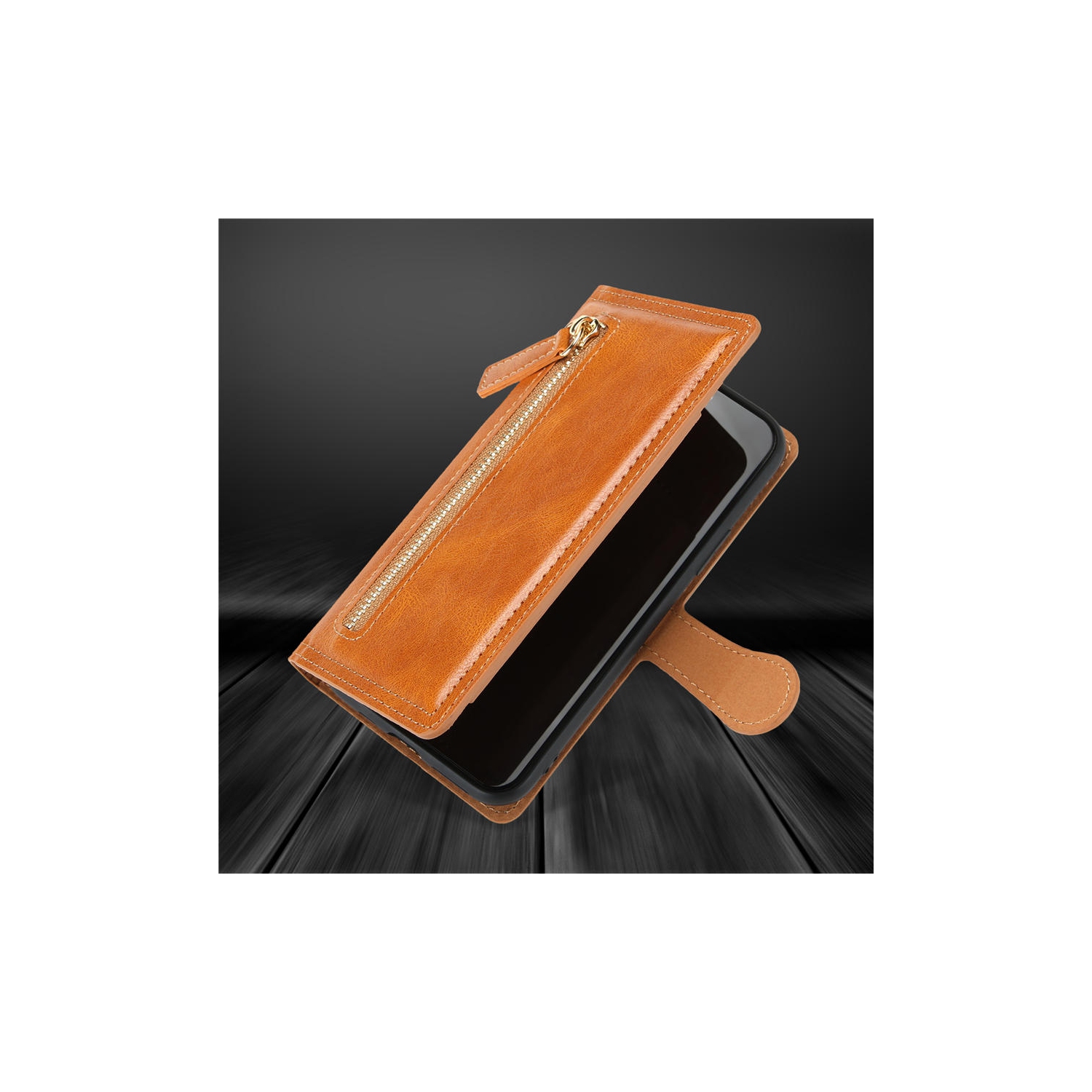 PIERO Leather Zipper Wallet Case Flip Card Holder Stand Phone Cover Premium Leather Flip Cover for iPhone 13 PRO -Orange