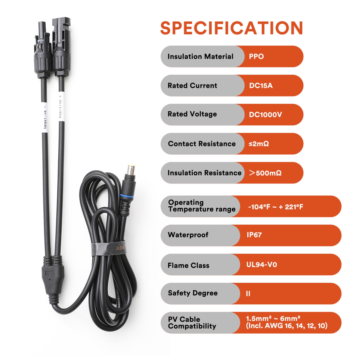 Câble adaptateur robuste panneau solaire vers c.c. 8 mm de 7,3 pi