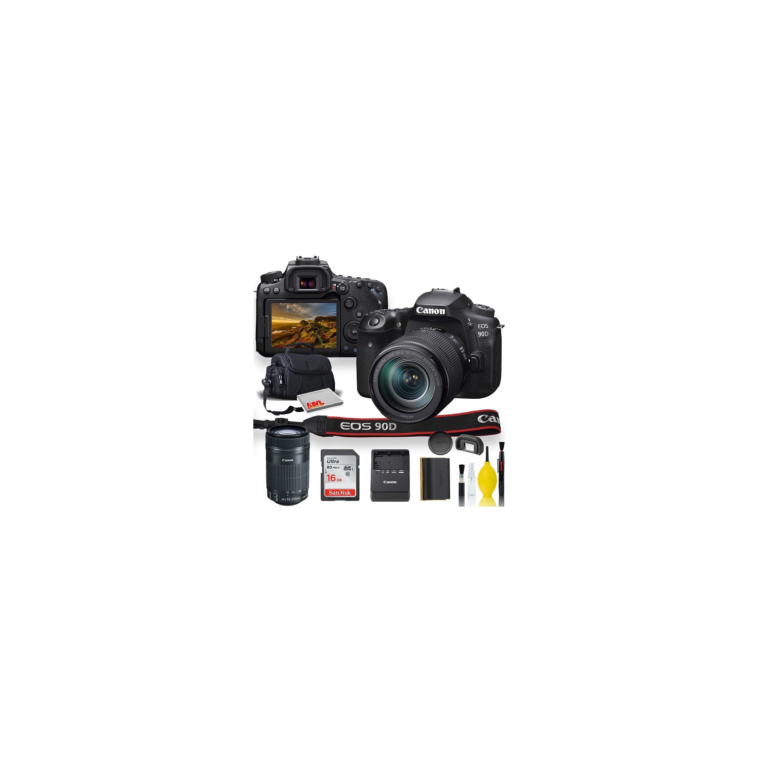 Canon EOS 90D DSLR Camera With 18-135mm Lens, Canon EF-S 55-250mm f/4-5.6 IS STM Lens, Soft Padded Case, Memory Card, and More