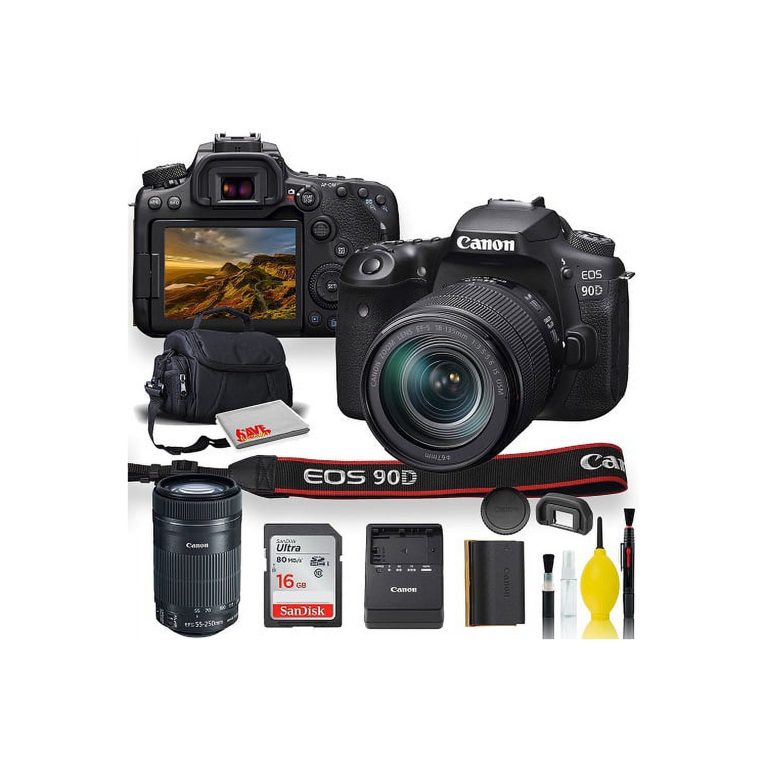Canon EOS 90D DSLR Camera With 18-135mm Lens, Canon EF-S 55-250mm f/4-5.6 IS STM Lens, Soft Padded Case, Memory Card, and More