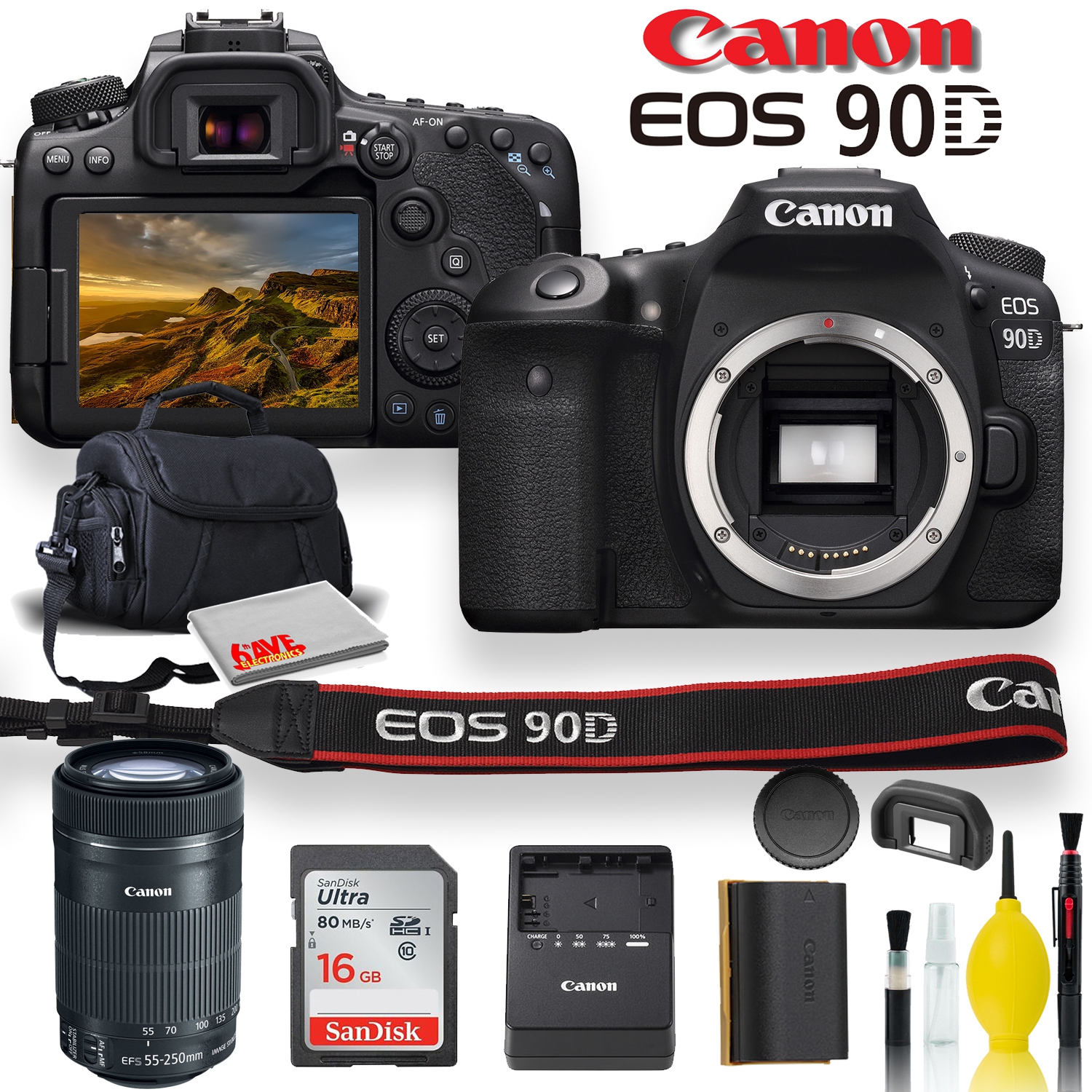 Canon EOS 90D DSLR Camera With Canon EF-S 55-250mm f/4-5.6 IS STM Lens, Soft Padded Case, Memory Card, and More