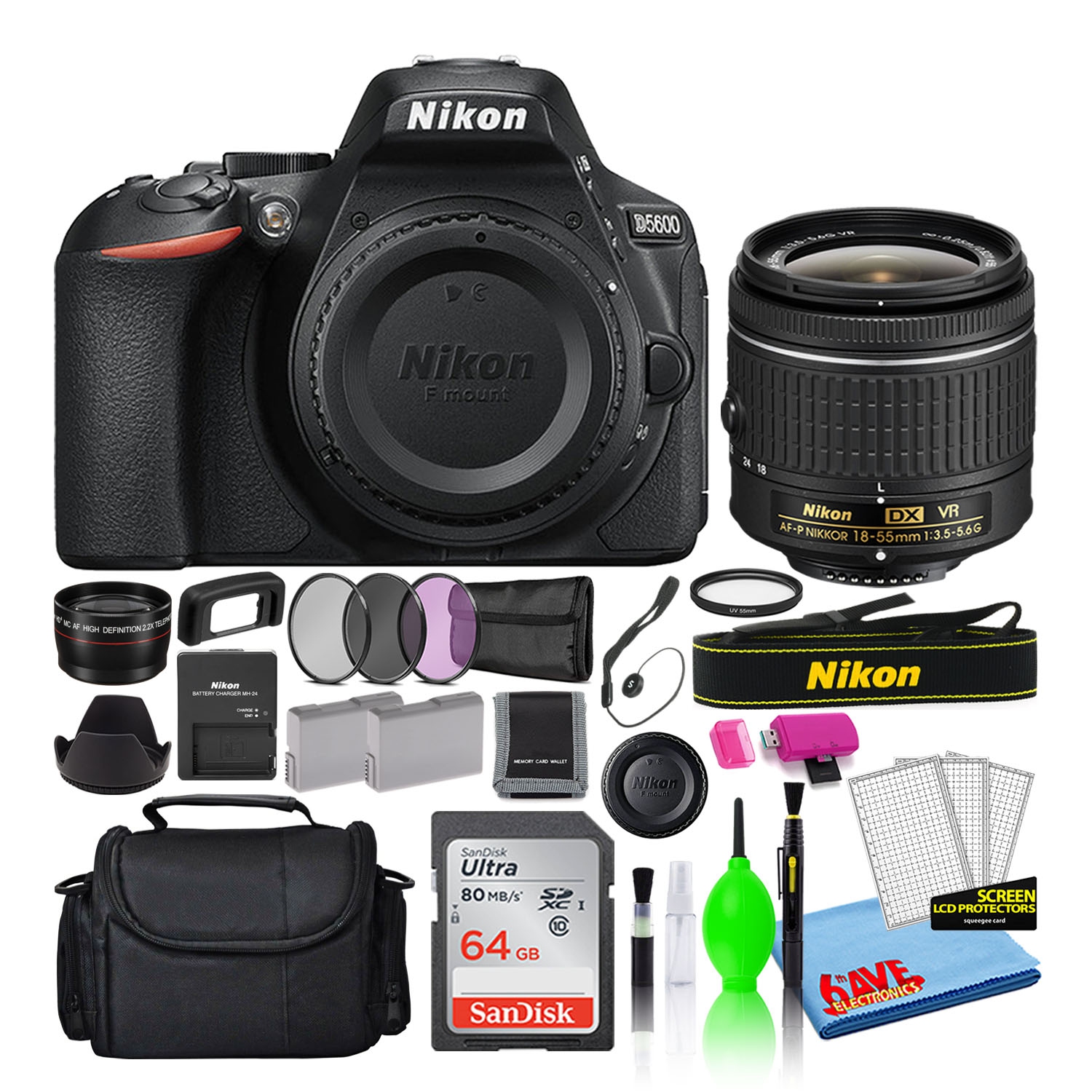 Nikon D5600 Digital Camera with 18-55mm Lens (1576) + SD Card + Batteries (Intl)