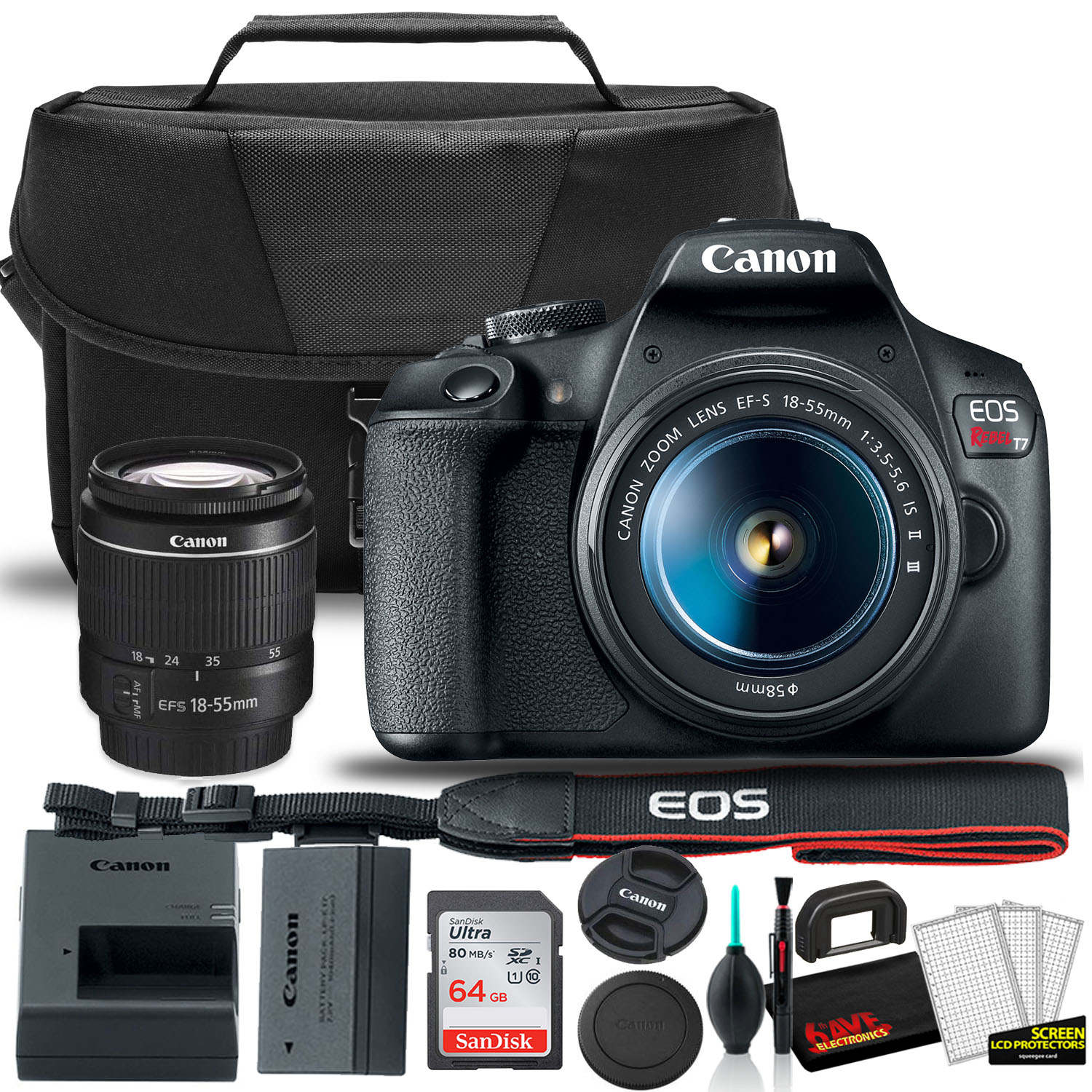 Canon EOS Rebel T7 DSLR Camera with 18-55mm Lens Starter Bundle + Includes: EOS Bag + Sandisk Ultra 64GB Card + Clean and Care Kit + More