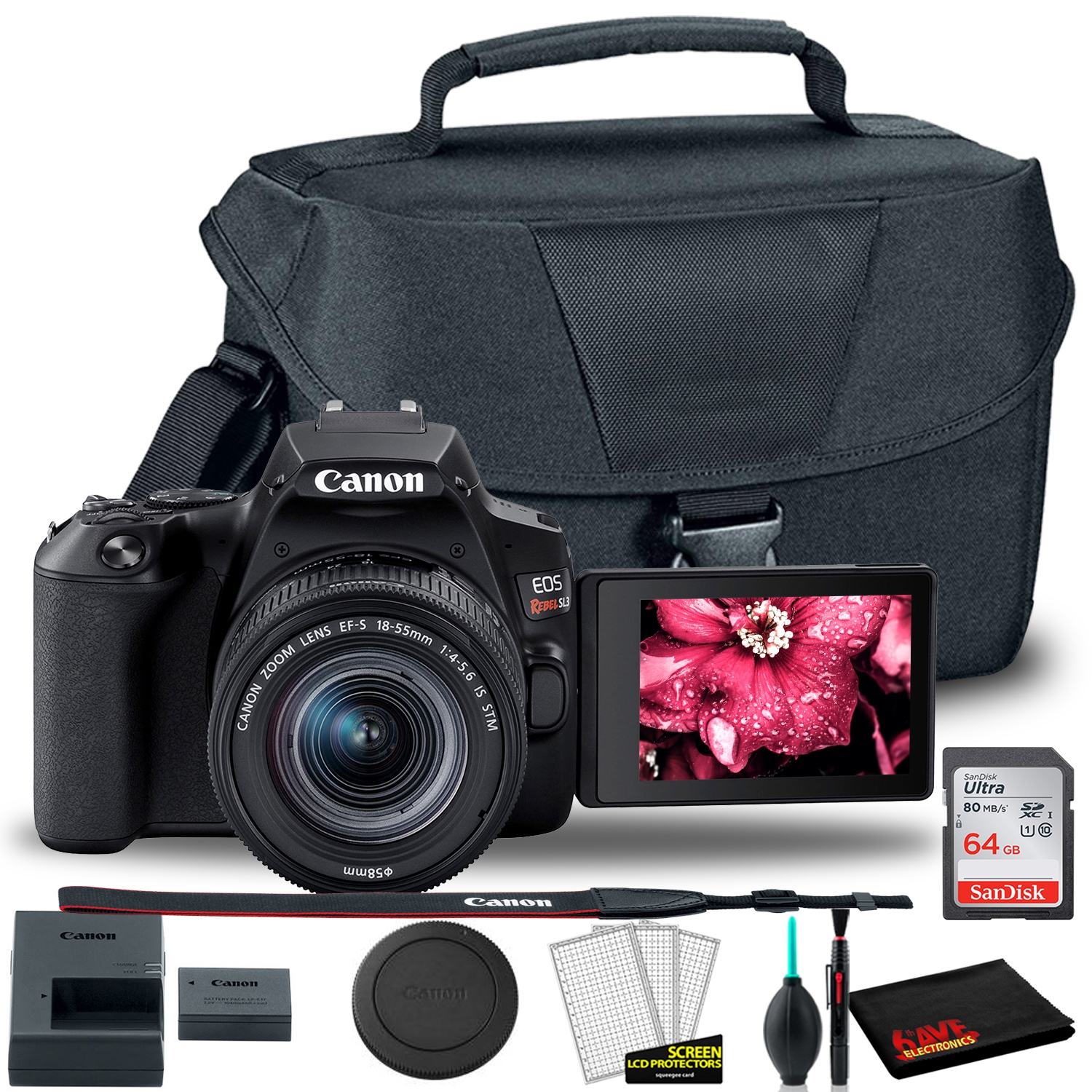 Canon EOS Rebel 250D DSLR Camera w 18-55mm Lens + EOS Bag + Sandisk Ultra 64GB Card + (International Version)