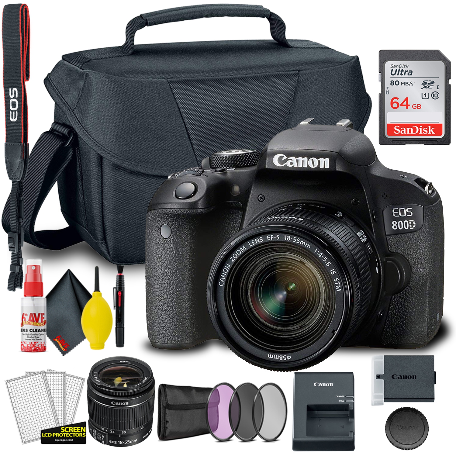 Canon EOS 800D / Rebel T7i DSLR Camera with 18-55mm Lens + Creative Filter Set, EOS Camera Bag + Sandisk Ultra 64GB Card + 6AVE Electronics Cleaning Set, And More (International