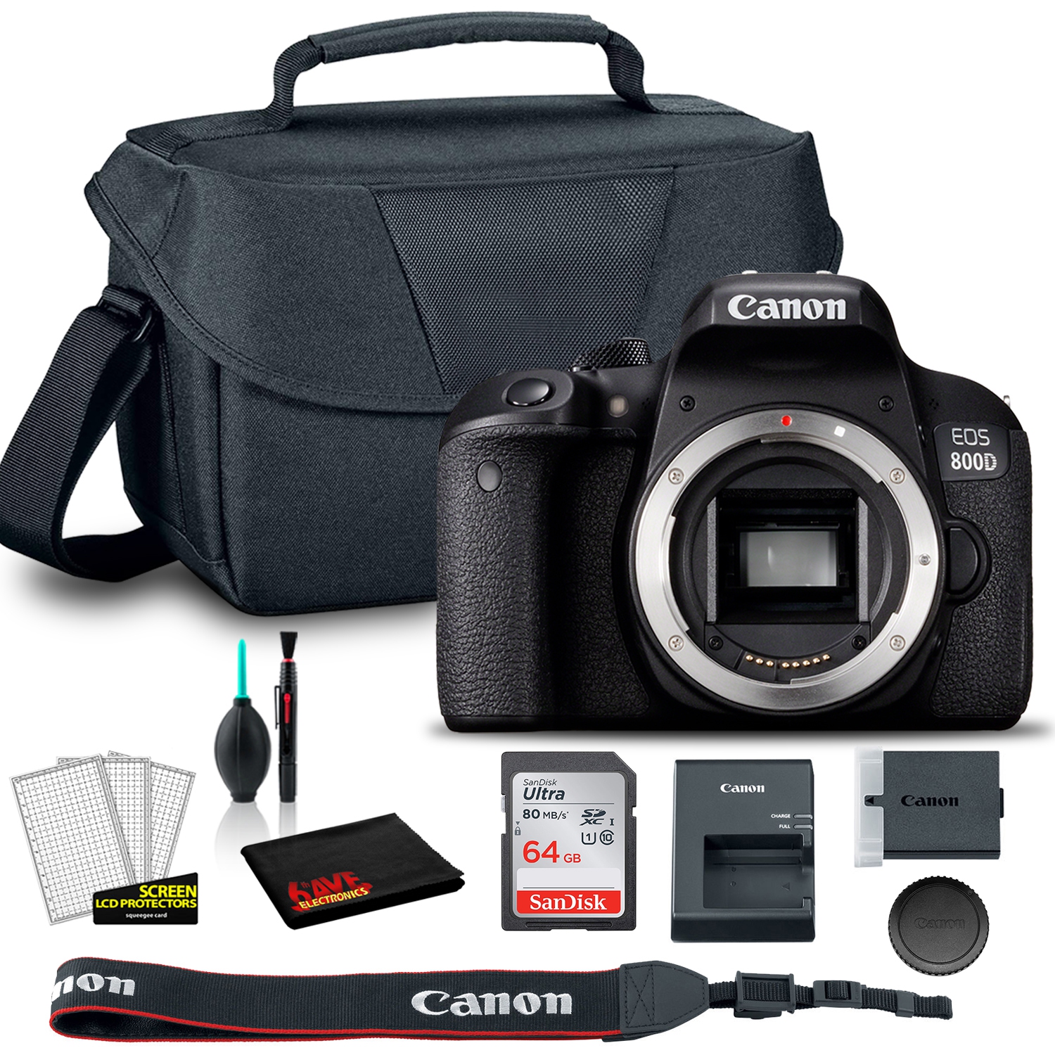 Canon EOS 800D DSLR Camera (1894C001AA) + EOS Bag + Sandisk Ultra 64GB Card + Clean and Care Set (International Model)