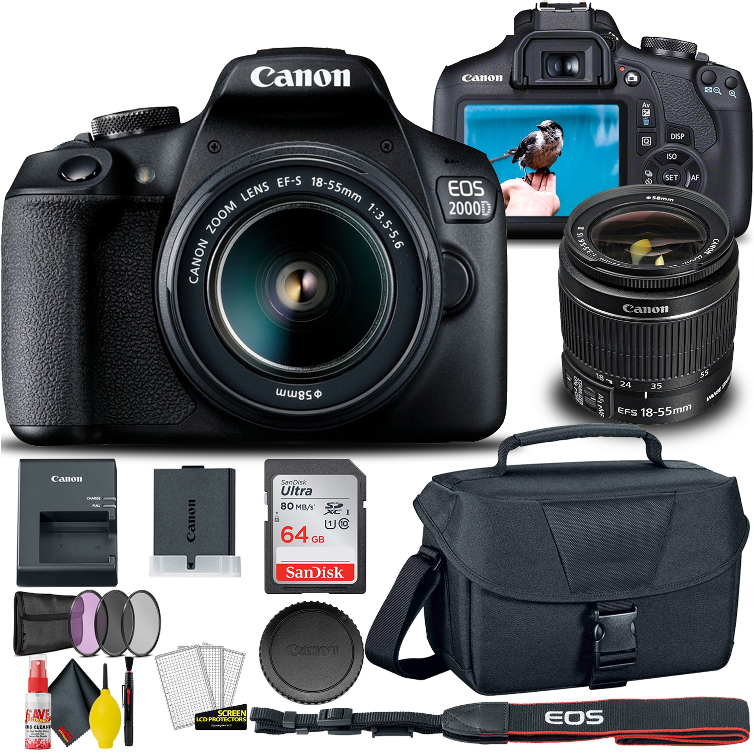 Canon EOS 2000D / Rebel T7 DSLR Camera + 18-55mm Lens, 58mm Filters Bundle