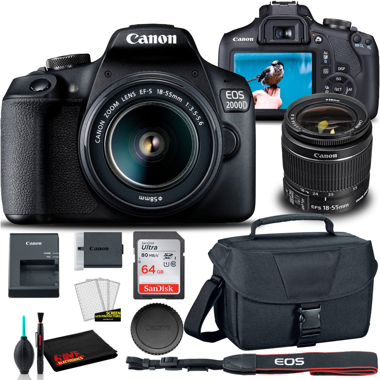 Canon EOS 2000D DSLR Camera with 18-55mm Lens + EOS Bag + Sandisk Ultra 64GB Card + Cleaning Set And More (International Model)