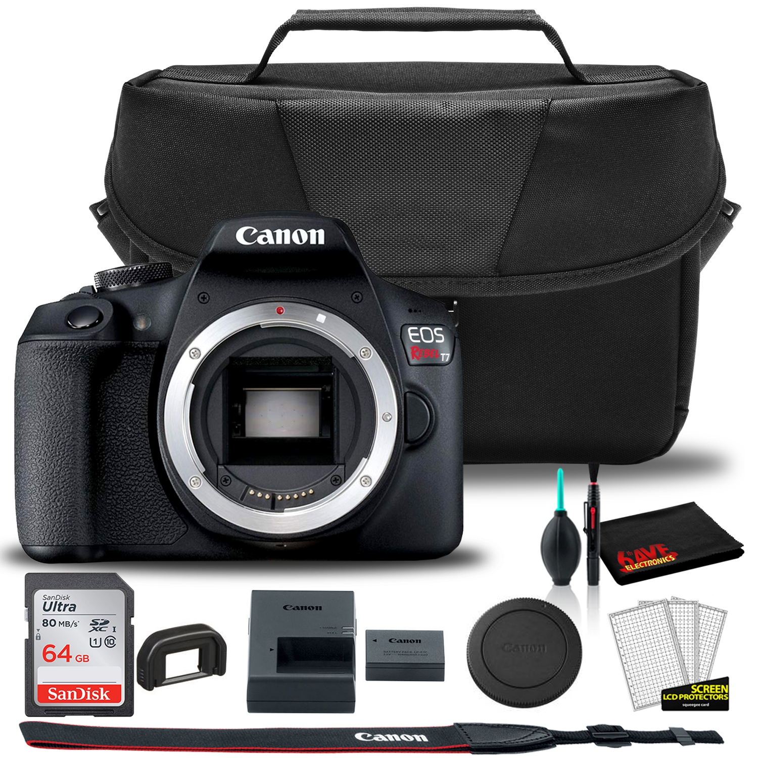 Canon EOS Rebel T7 DSLR Camera + EOS Bag + Sandisk Ultra 64GB Card + Cleaning Set And More (Kit Box) No Lens