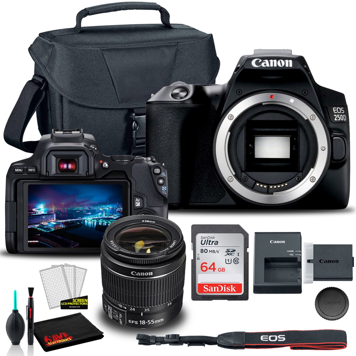 Canon EOS 250D / Rebel SL3 DSLR Camera with 18-55mm Lens (3453C002) + EOS Bag + Sandisk Ultra 64GB Card + Cleaning Set And More (International Model)