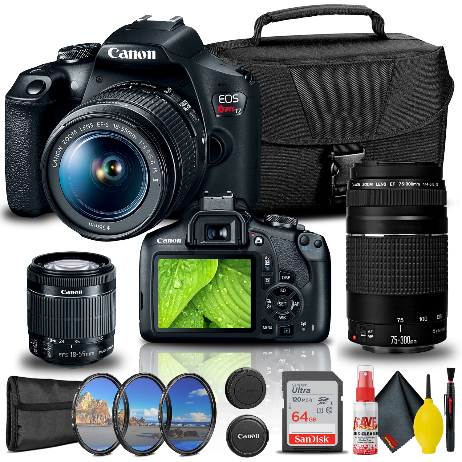 Canon EOS Rebel T7 DSLR Camera with 18-55mm and 75-300mm Lenses + Creative Filter Set + EOS Camera Bag + Sandisk Ultra 64GB Card + Cleaning Set, And More