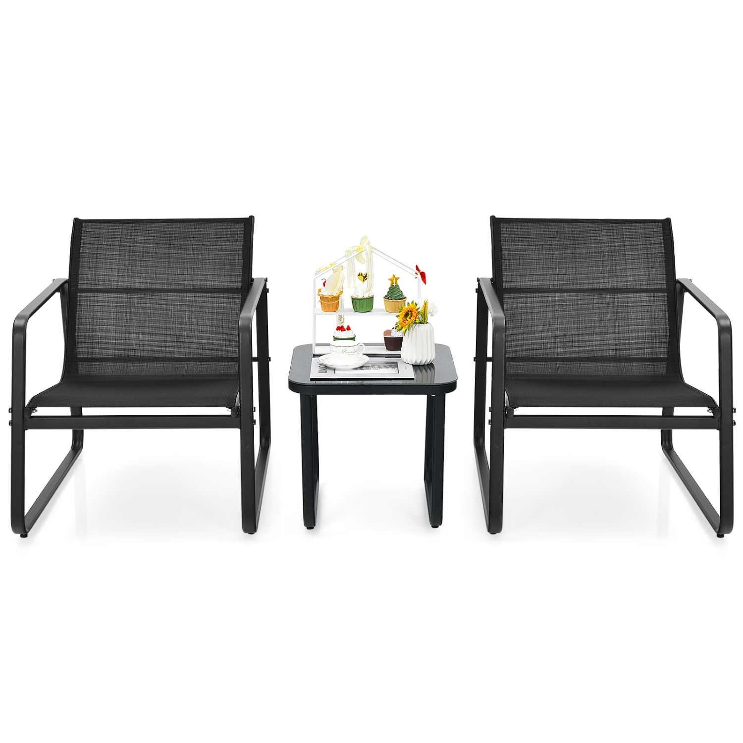 Patiojoy Set of 3 Outdoor Bistro Furniture Set Patio Table & Chairs Set for Backyard Poolside Lawn Black