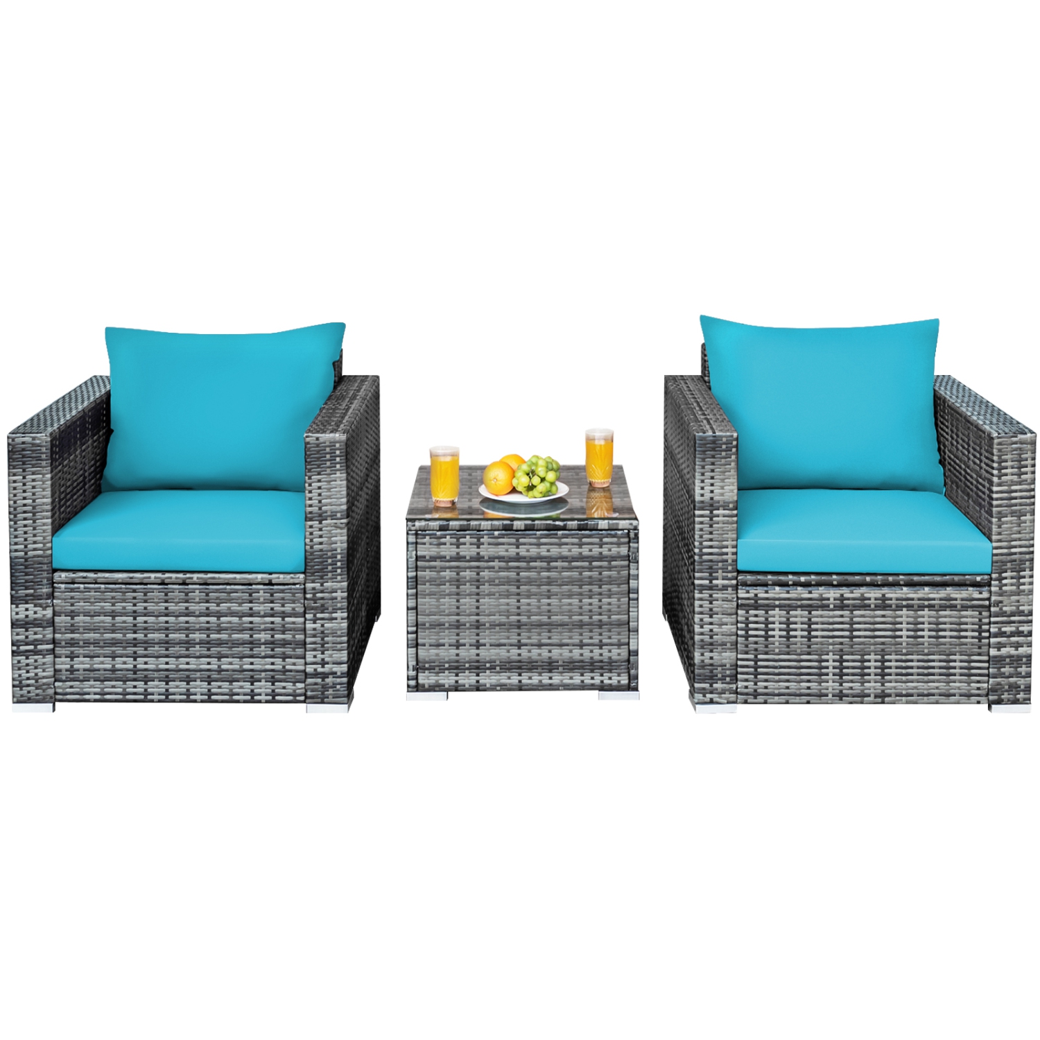 Patiojoy 3PCS Patio Rattan Furniture Set Outdoor Bistro Set w/Washable Cushion for Garden Poolside Backyard Turquoise