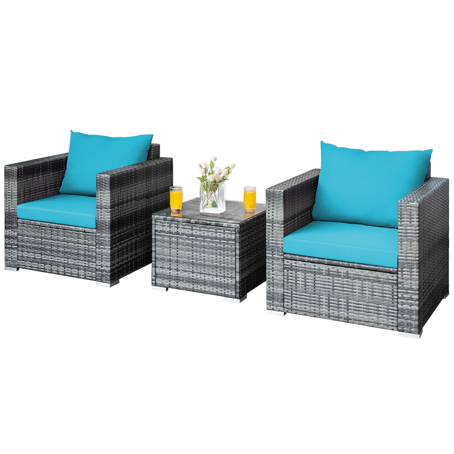 Patiojoy 3PCS Patio Rattan Furniture Set Outdoor Bistro Set w/Washable Cushion for Garden Poolside Backyard Turquoise