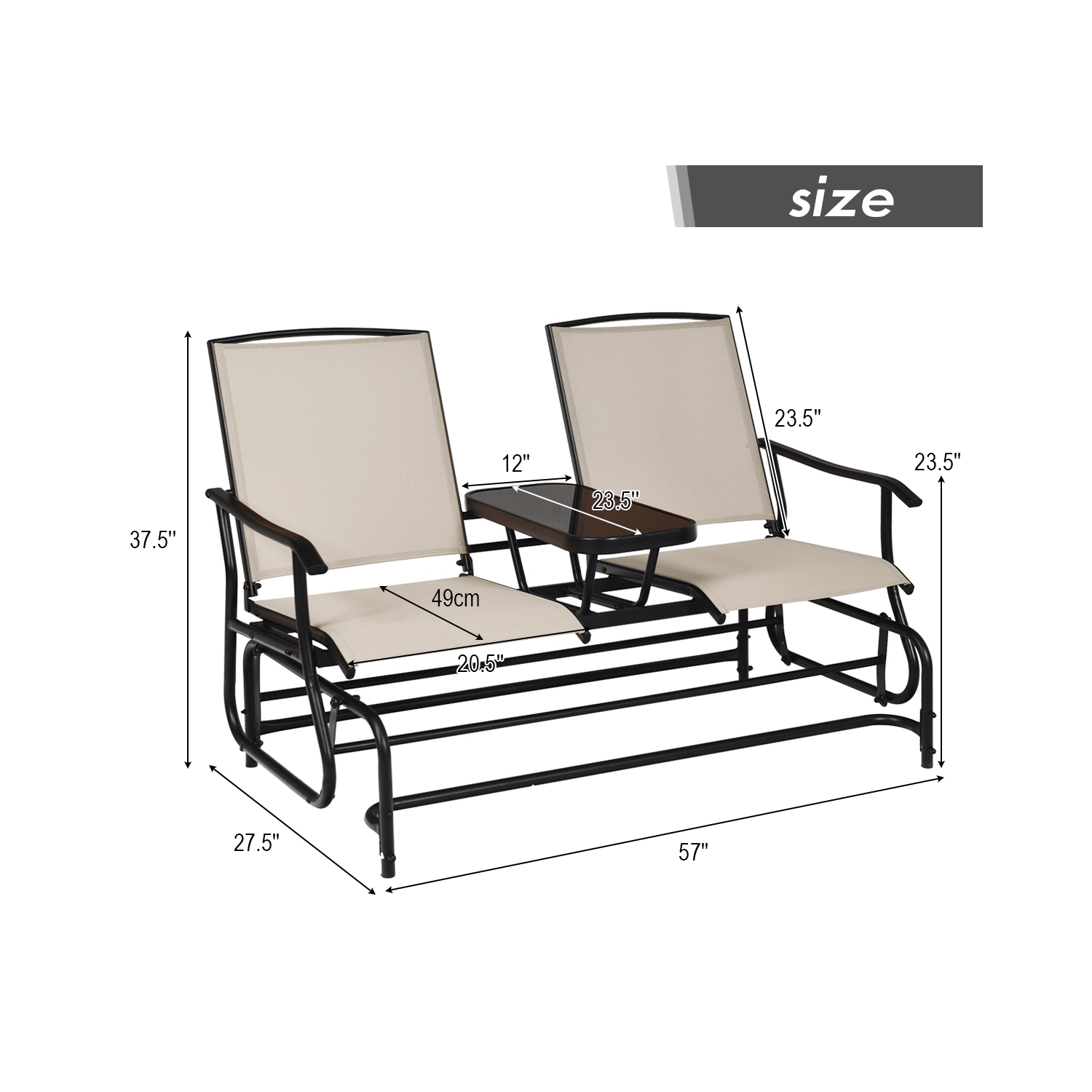 Chaise berçante extérieure double pour 2 personnes avec table centrale de PatioJoy
