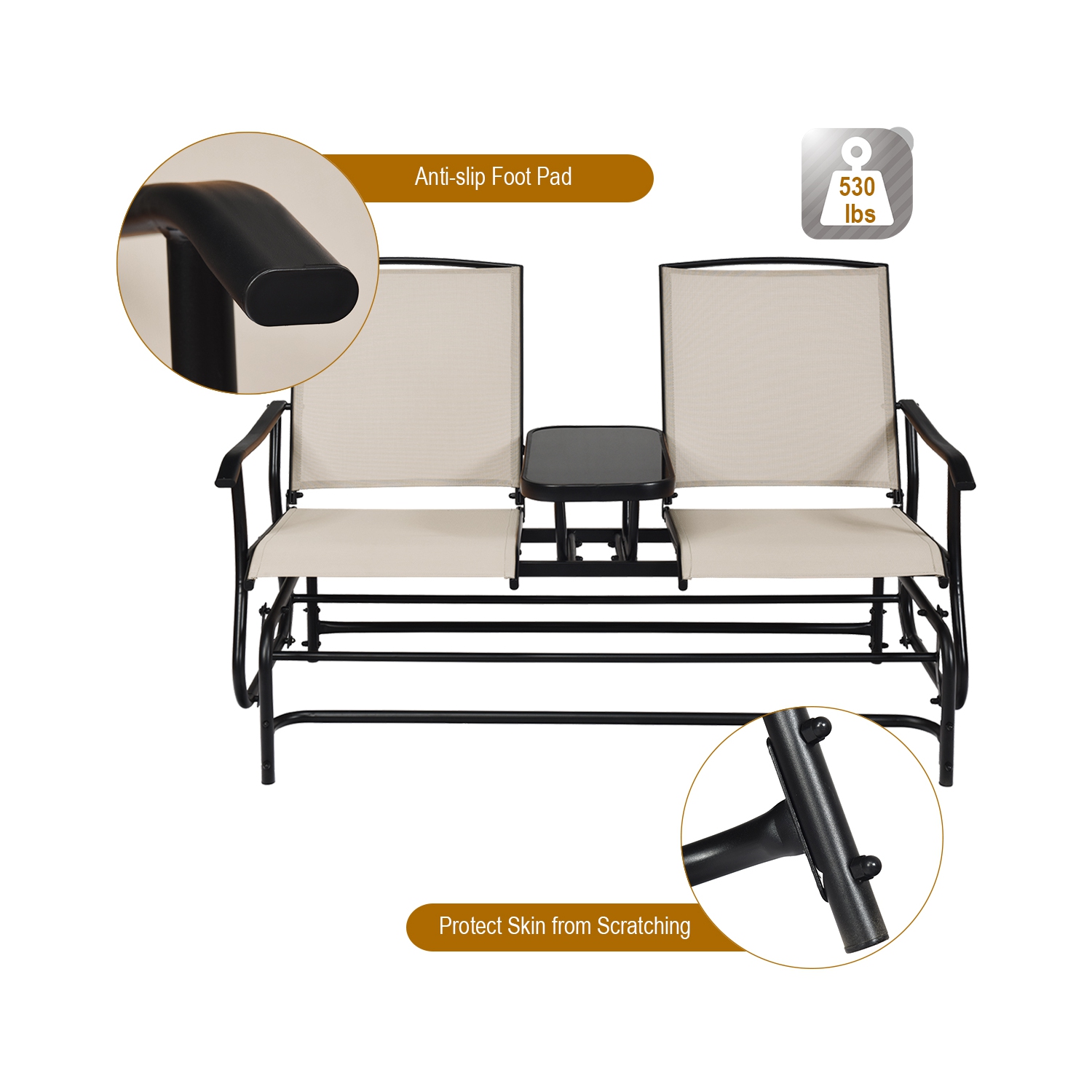 Chaise berçante extérieure double pour 2 personnes avec table centrale de PatioJoy
