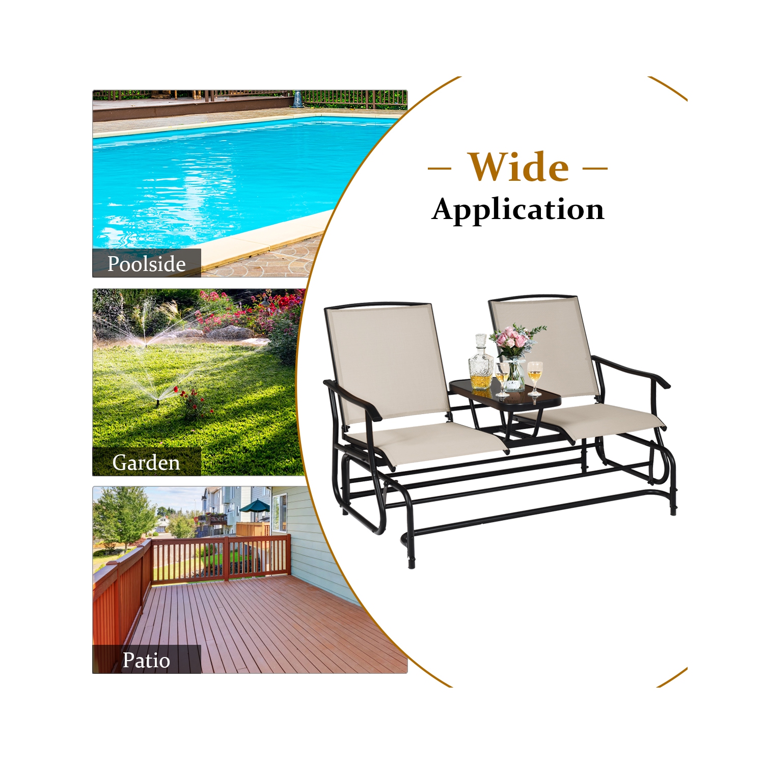 Chaise berçante extérieure double pour 2 personnes avec table centrale de PatioJoy