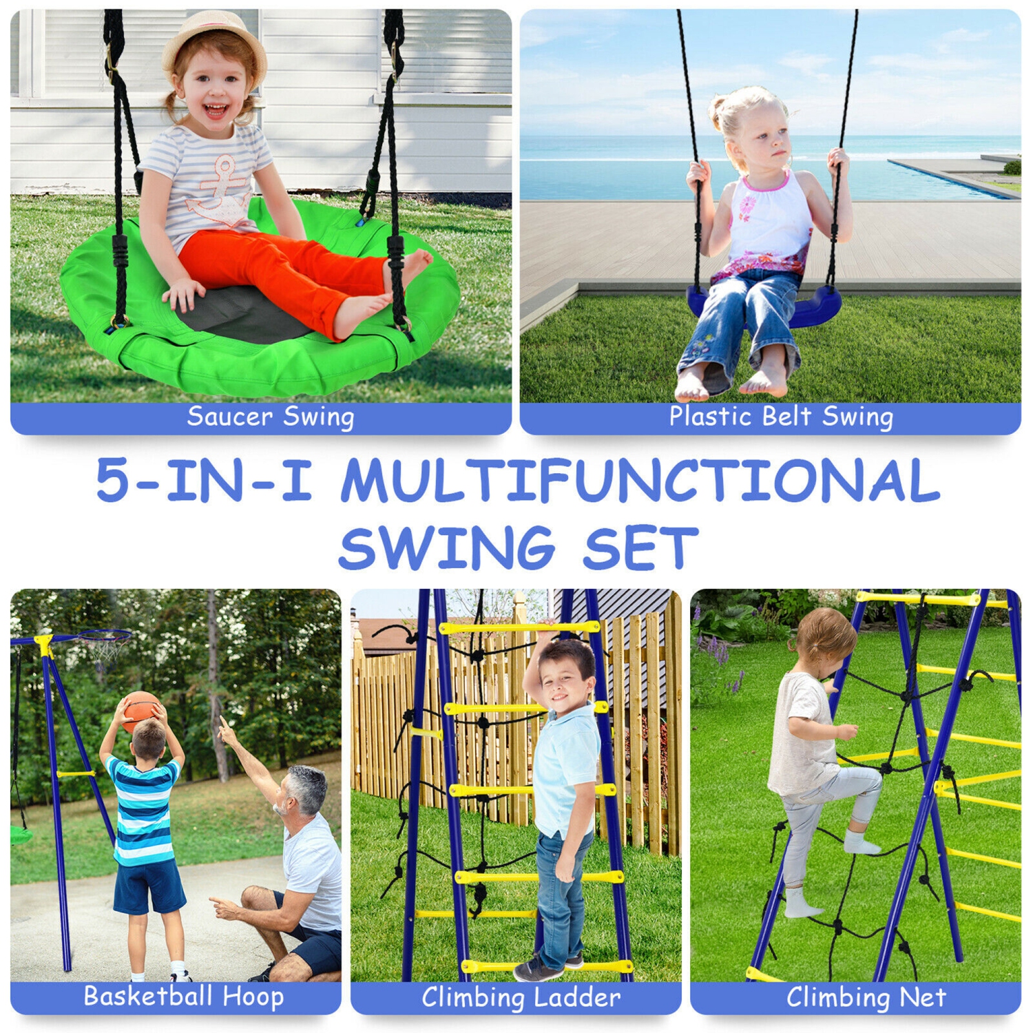 Gymax 5-In-1 Outdoor Kids Swing Set W/ Heavy Duty Swing Frame & Ground Stakes Backyard