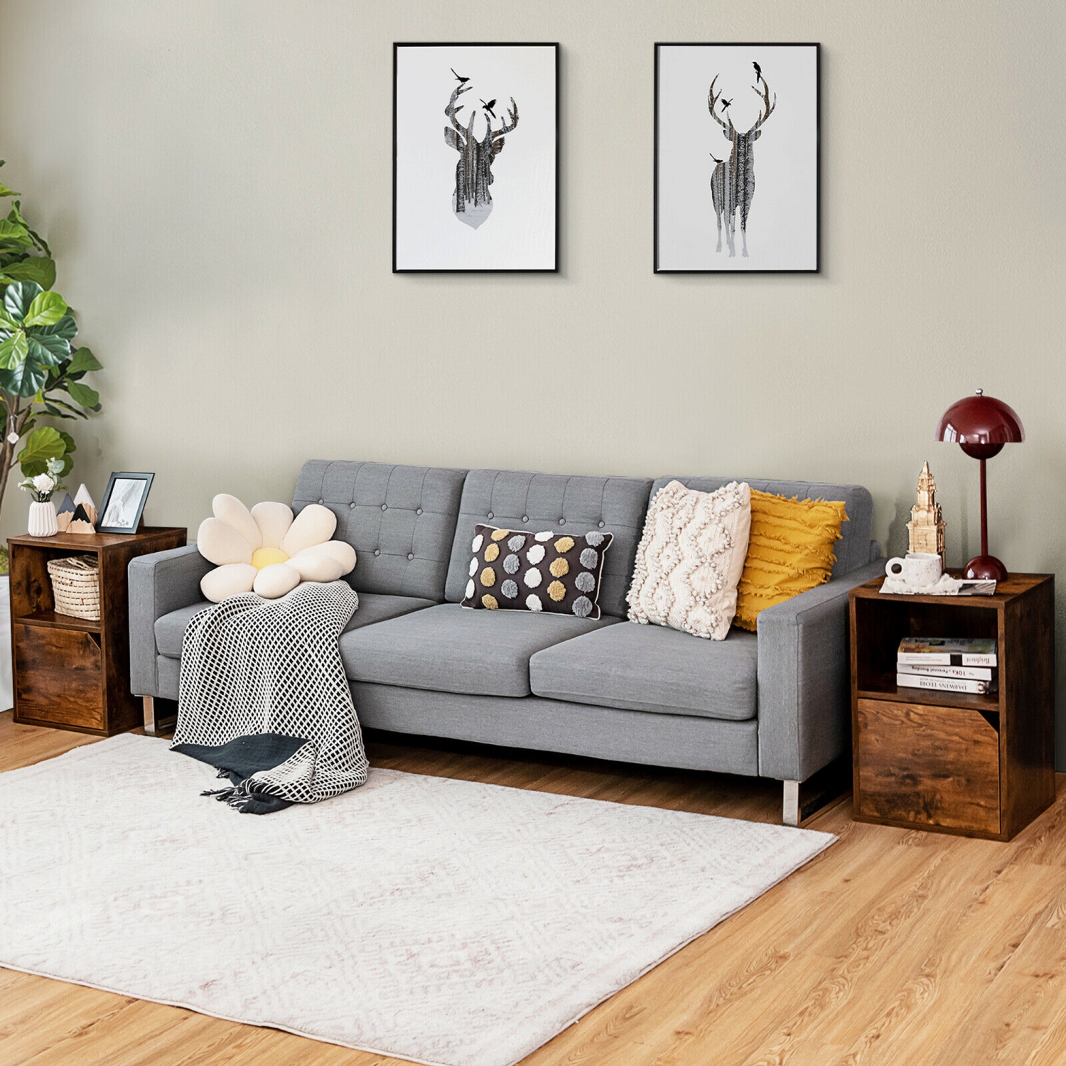 Gymax Set of 2 Nightstands Side End Table Storage Cabinet Shelf Living Room Brown