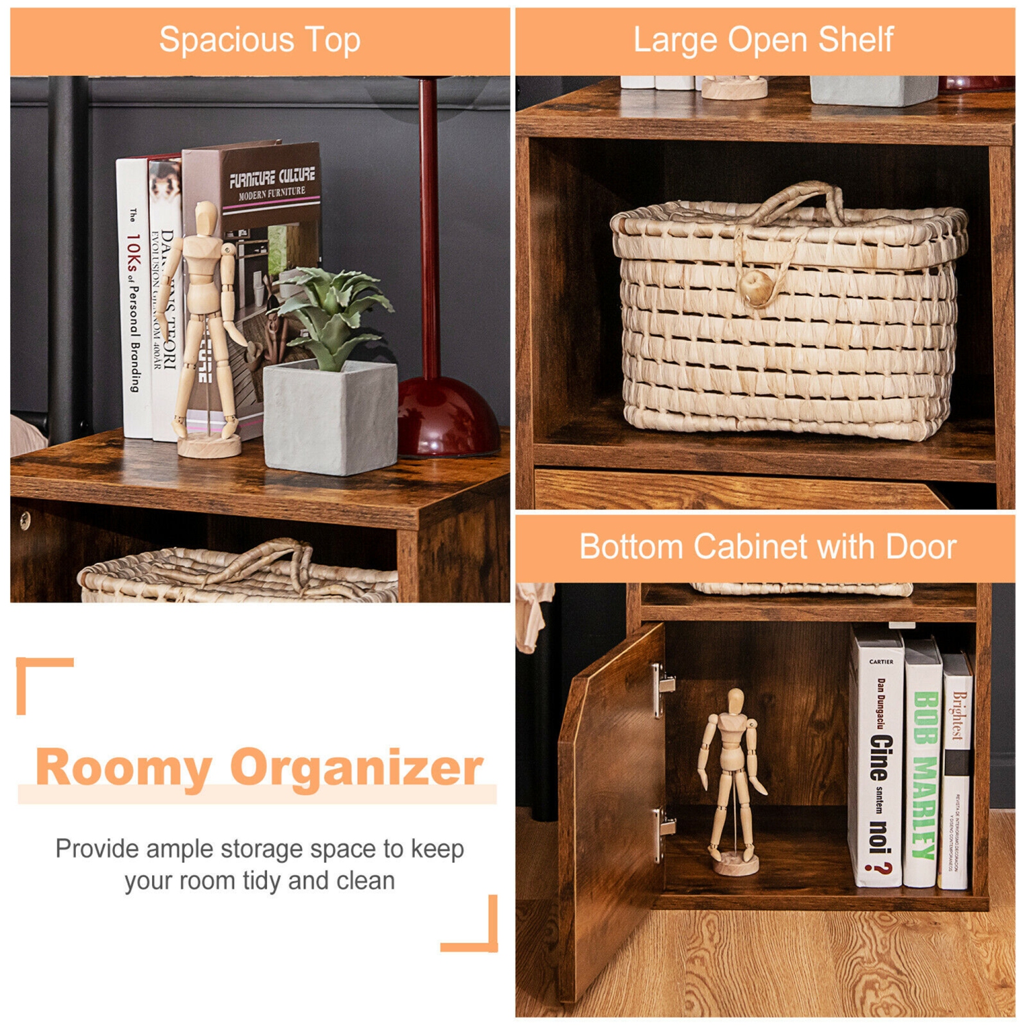 Gymax Set of 2 Nightstands Side End Table Storage Cabinet Shelf Living Room Brown