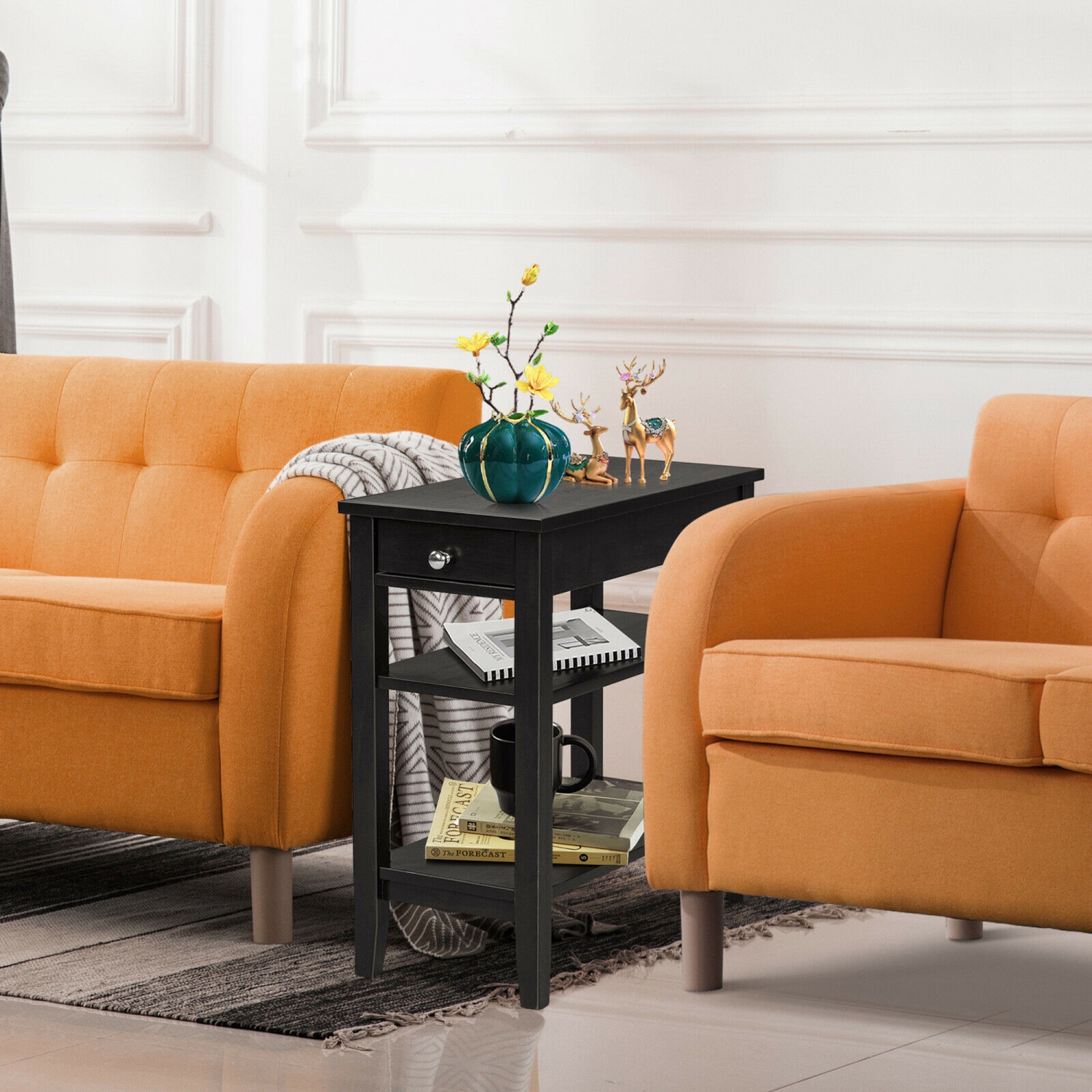 Gymax 2PCS 3-Tier End Table Sofa Side Table Nightstand w/ Shelf & Drawer