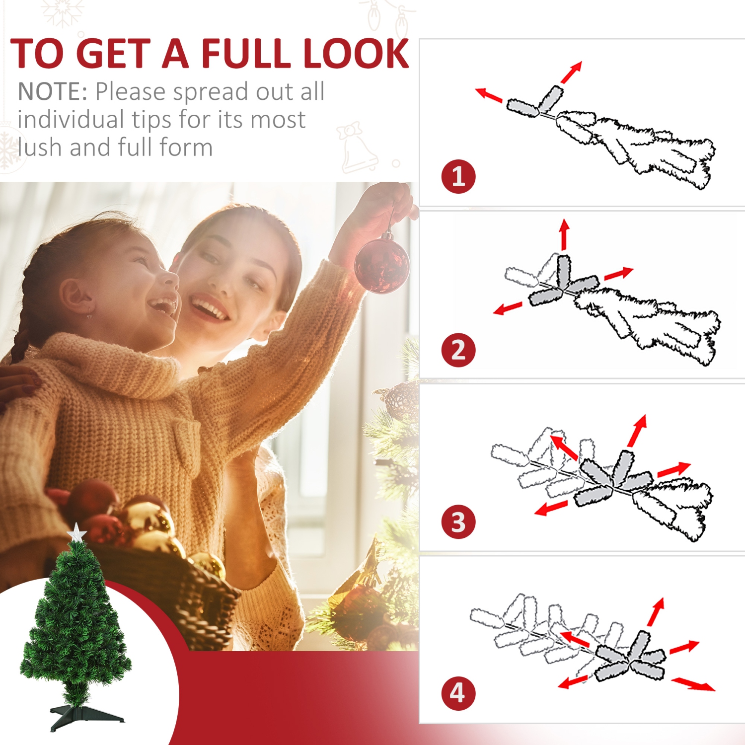 HOMCOM – Arbre de Noël de table prééclairé 2,5FT avec décoration de Noël pour table et bureau en fibre optique pour la maison des Fêtes, vert