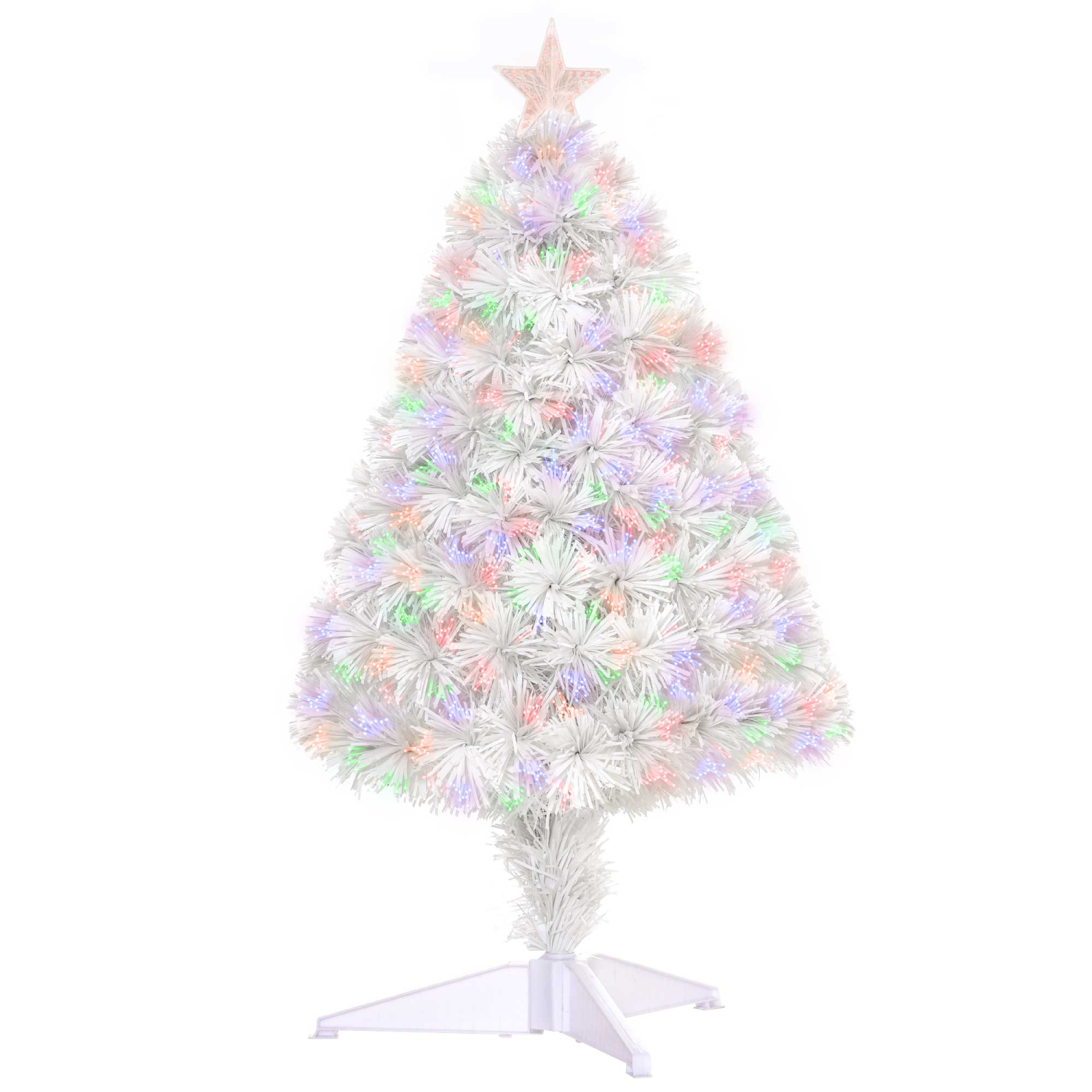 HOMCOM 2.5FT Prelit Artificial Tabletop Christmas Tree with Fibre Optics Holiday Home Xmas Decoration for Table and Desk White