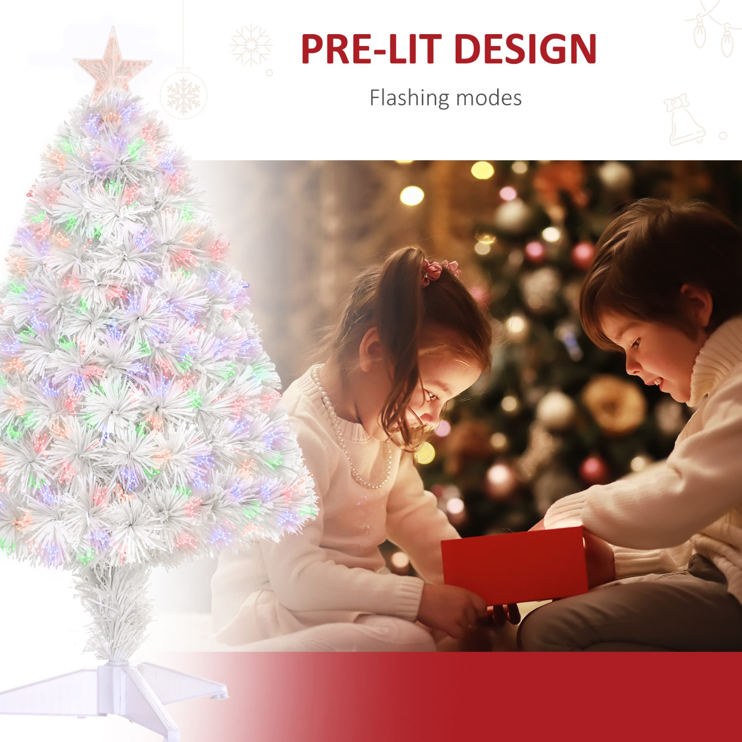 HOMCOM – Arbre de Noël artificiel de table illuminé 2,5FT avec fibres optiques décoration de Noël pour table et bureau, blanc