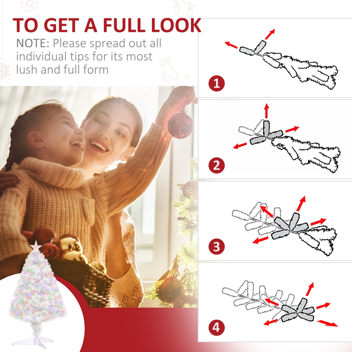 HOMCOM – Arbre de Noël artificiel de table illuminé 2,5FT avec fibres optiques décoration de Noël pour table et bureau, blanc