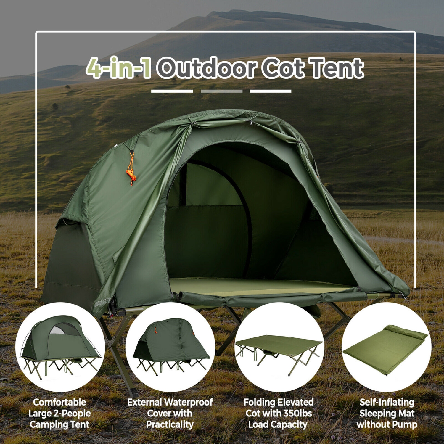 Gymax 2-Person Outdoor Camping Tent Cot Elevated Compact Tent Set W/ External Cover
