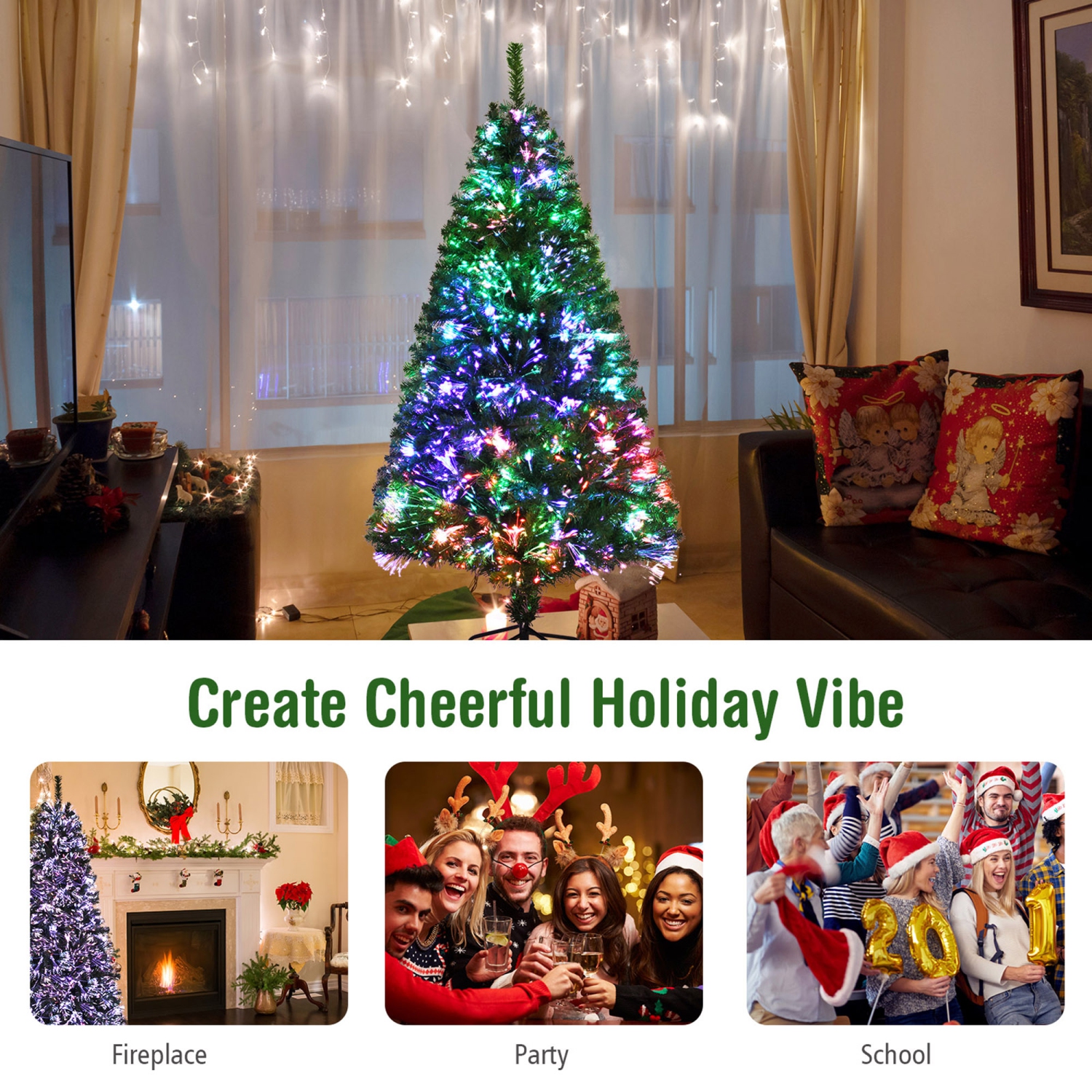 Gymax 5 FT Pre-lit Artificial Christmas Tree Fiber Optic Xmas Tree Holiday Decor